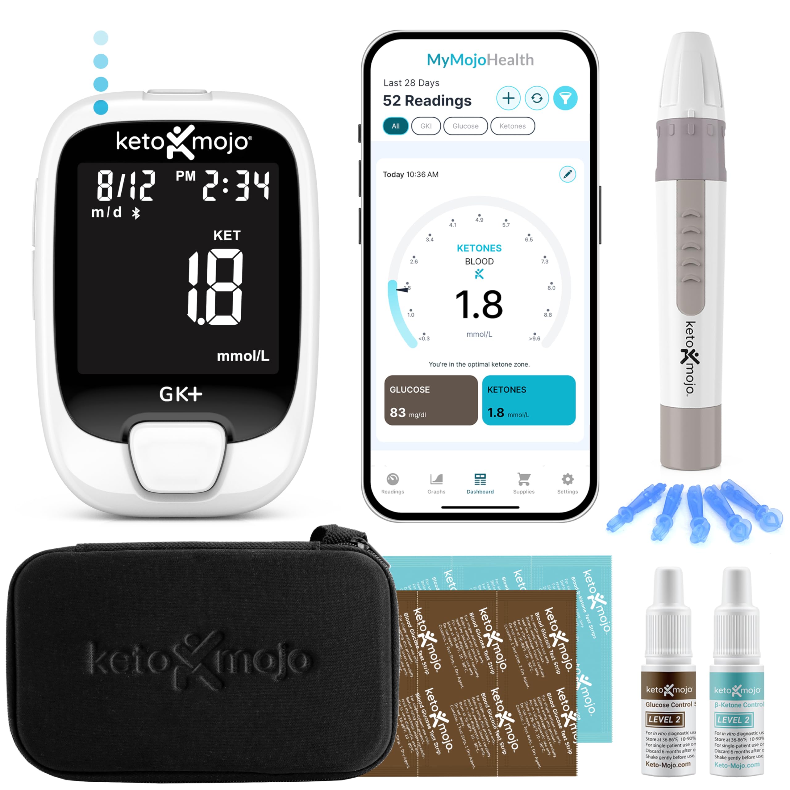 KETO-MOJO GK+ Bluetooth Glucose & Ketone Testing Kit + Free APP for Ketosis & Diabetes Management. 20 Blood Test Strips (10 Each