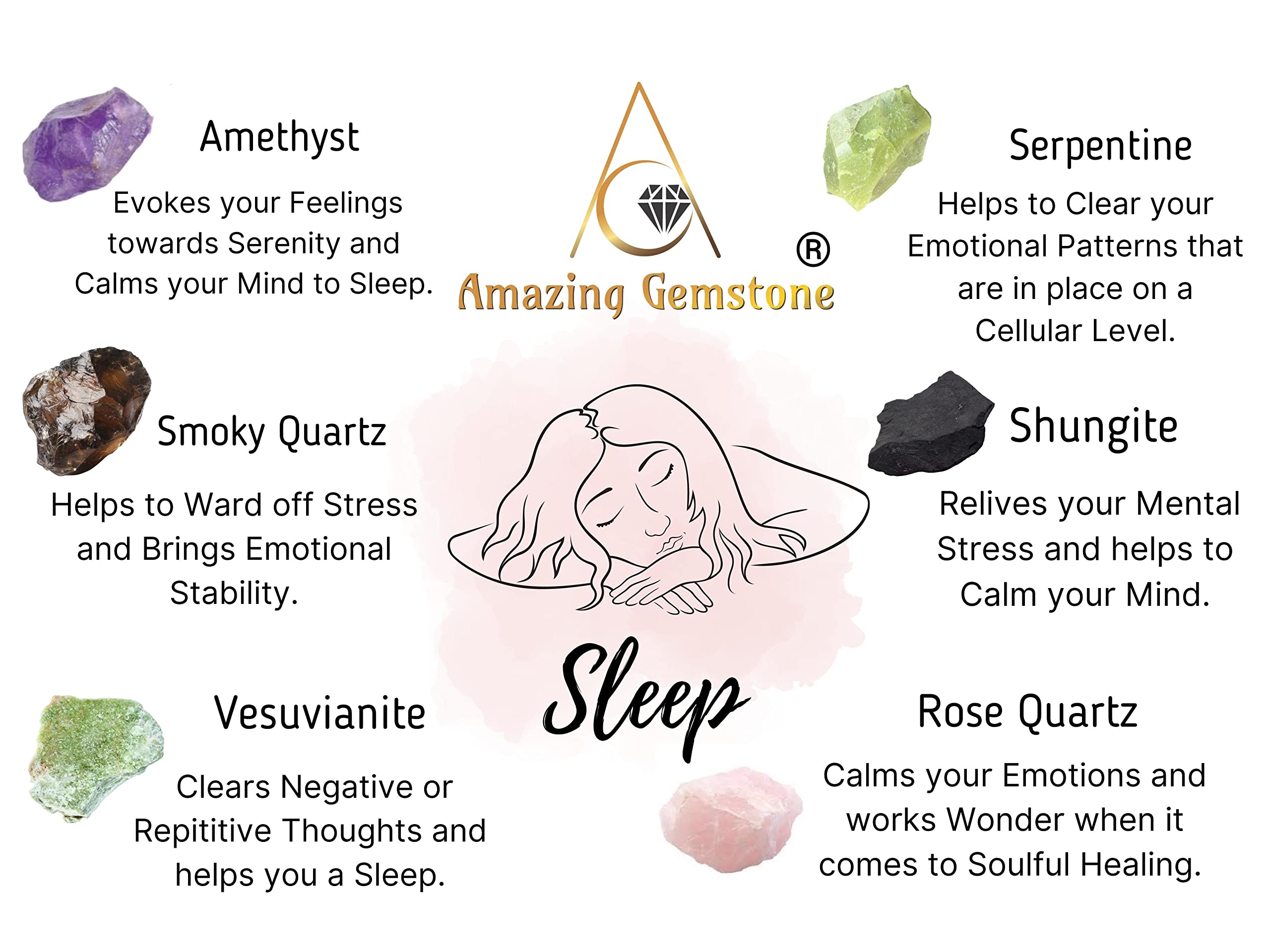 Crystals for Sleep Manifestation, Set of 6 Amethyst, Smoky Quartz, Shungite, Vesuvianite, Serpentine and Rose Quartz Healing Cry