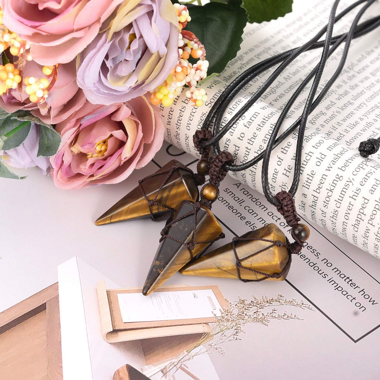 Top Plaza Mens Necklace 6 Facet Healing Crystal Tiger Eye Stone Pendant Necklaces Adjustable Natural Gemstone Necklace Reiki Qua