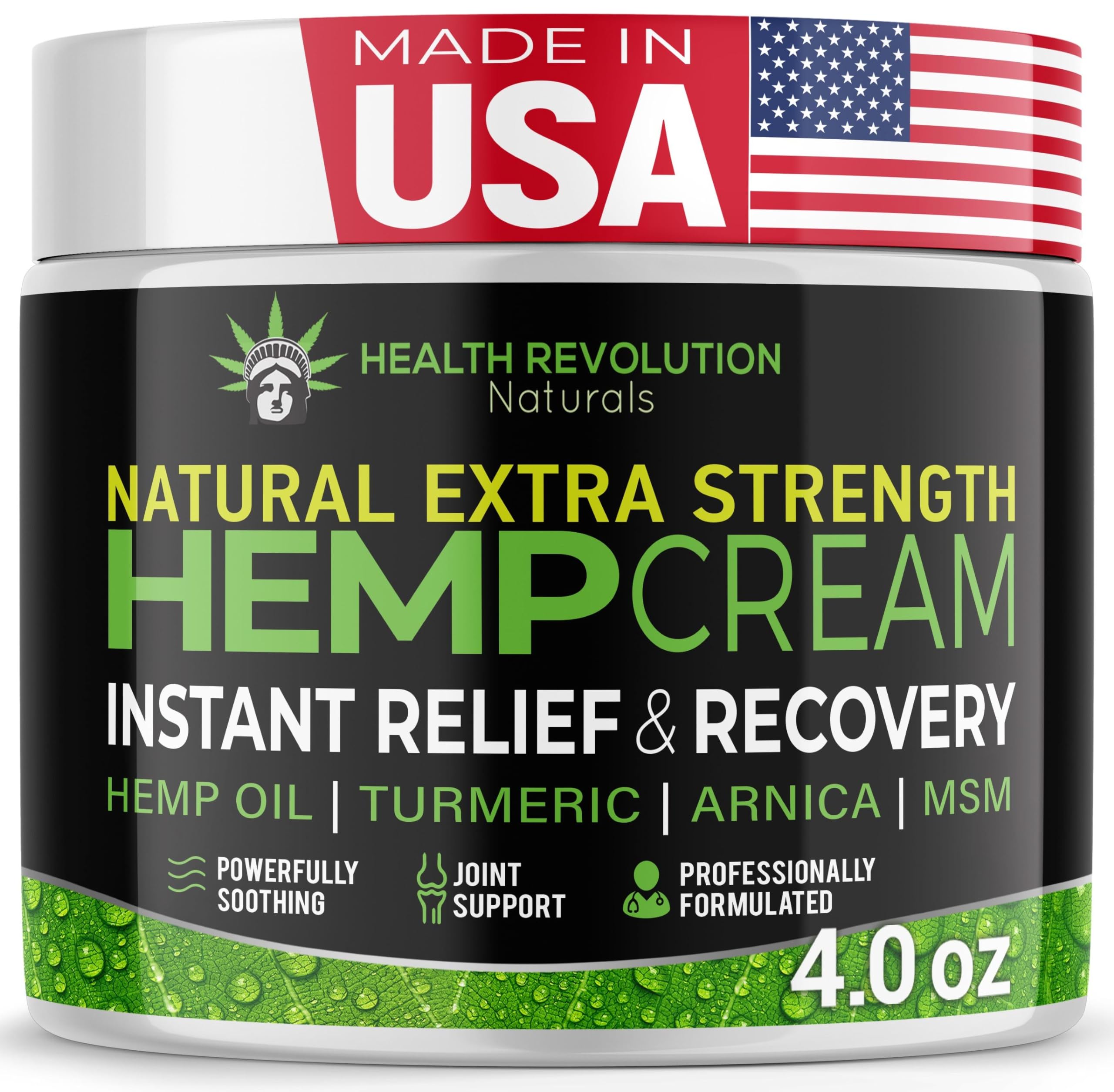 Health Revolution Hemp Arnica Cream Maximum Strength - Soothes Muscles, Joints, Feet, Nerve, Back, Knee, Hip, with Arnica, MSM, 