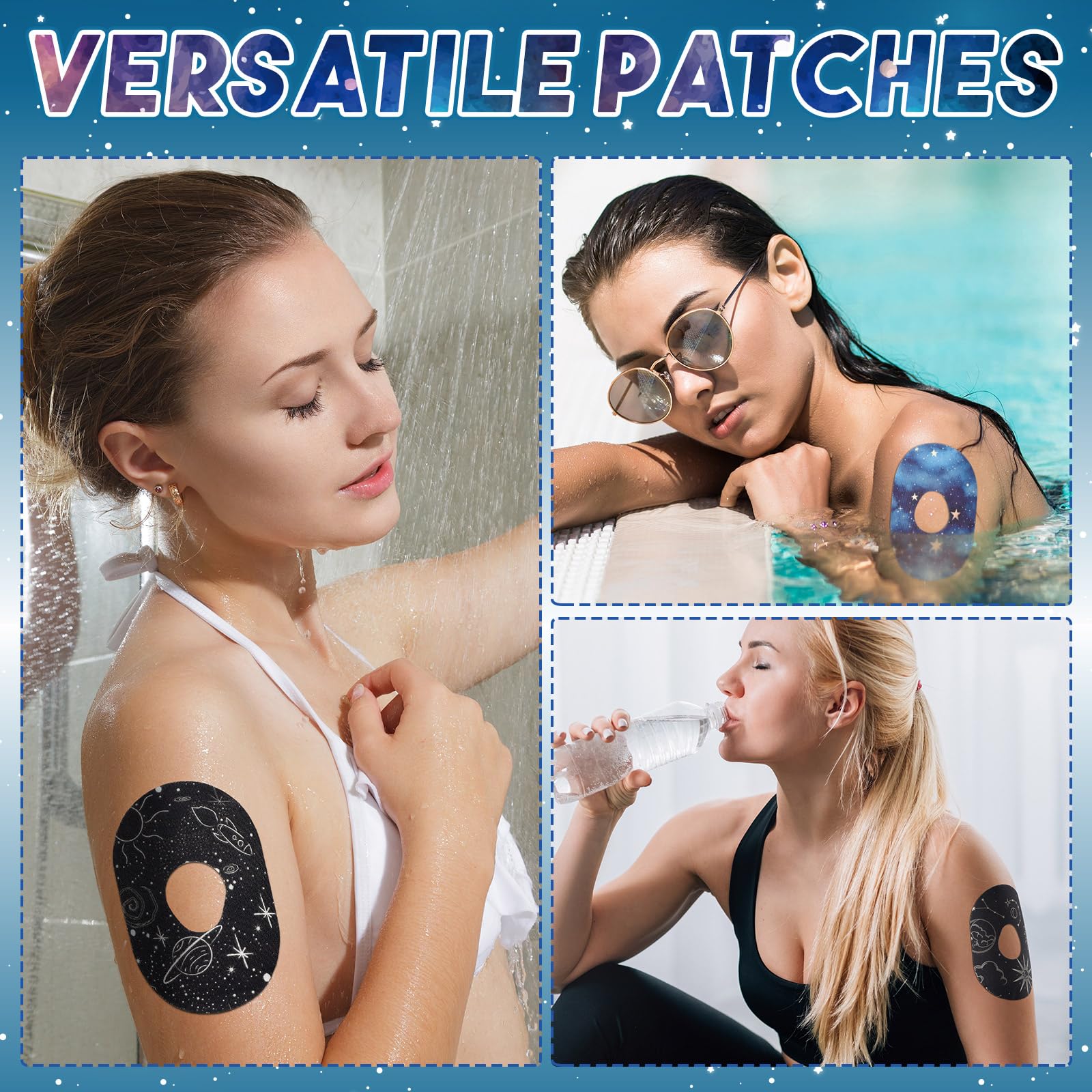 Geiserailie 32 Pack Adhesive Patches Compatible with Dexcom G7, CGM Patches, Galaxy Adhesive Tape Stickers, Sensor Covers Waterp