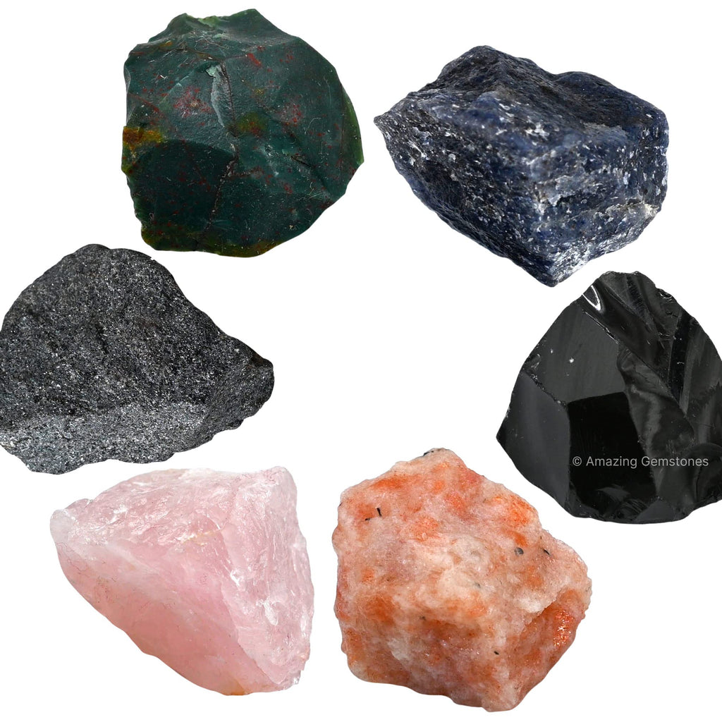 Crystals for Pregnancy, Set of 6 Blood Stone, Iolite, Hematite, Rose Quartz, Black Obsidian and Sunstone Healing Crystals and St