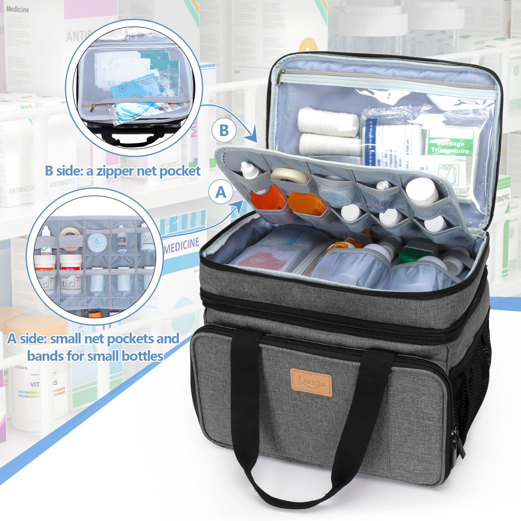 LUXJA 2 Layers Medicine Bag with Detachable Divider, Pill Bottle Organizer Suitable for Home or Travel Use, Gray