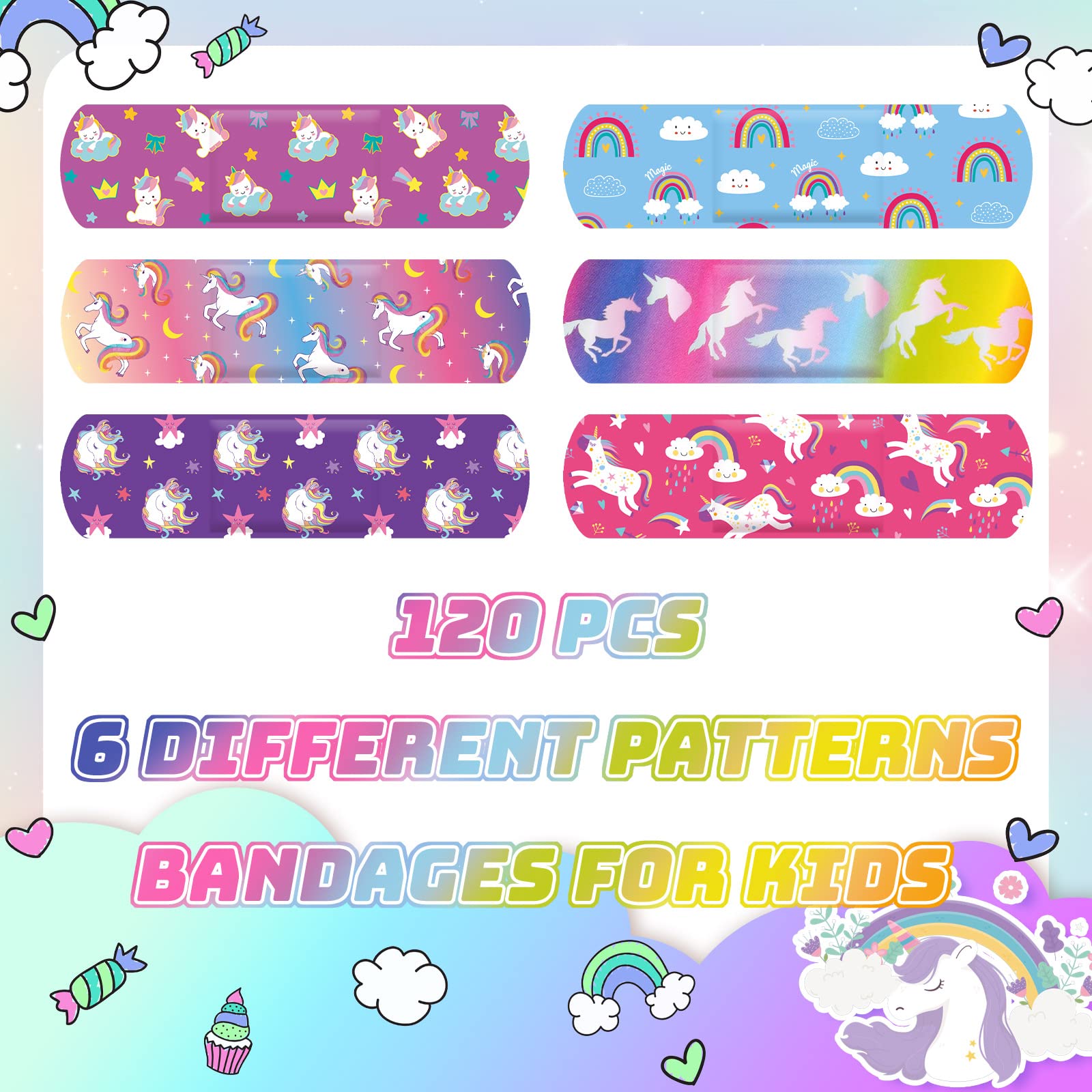 Sinmoe 6 Styles Kids Bandages Cute Cartoon Unicorn Bandages for Girls Kawaii Variety Pack Comfortable Flexible Protection Care f