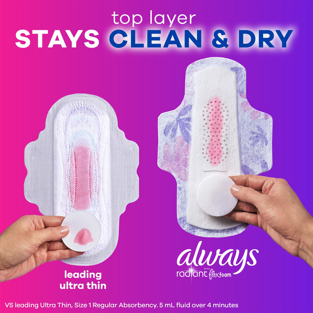 Always Radiant Feminine Pads for Women, Size 3 Extra Heavy, with Wings, Scented, 30 CT