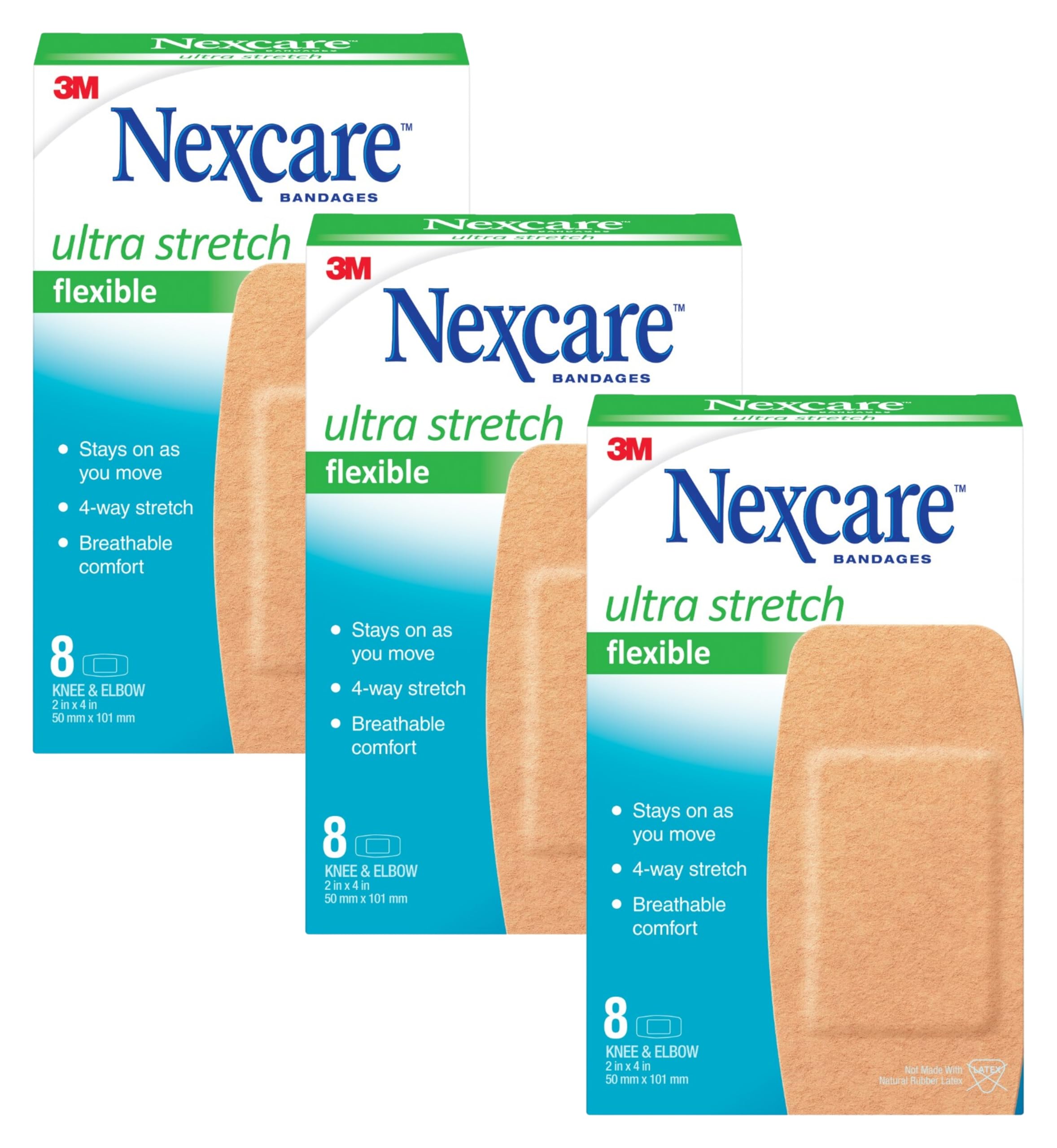 Nexcare Soft N Flex Bandages, 2 X 4 Flexible Fabric, Knee & Elbow Size, 8 Count Per Box (Pack Of 3, 24 Bandages Total)