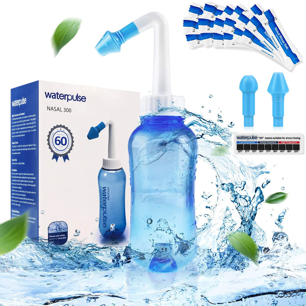 Waterpulse Neti Pot,Neti Pot Sinus Rinsing,300ml Neti Pot Sinus Rinsing Kit with 60 Packets Nasal Wash Salt and Thermometer Stic