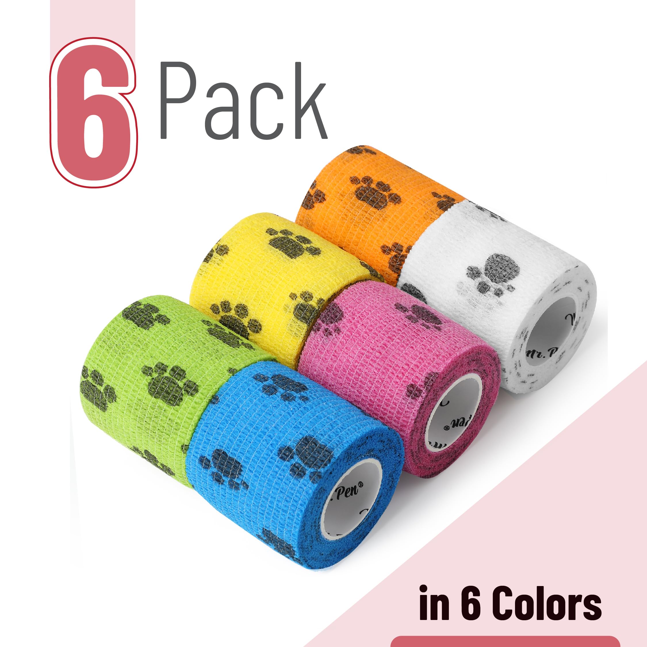 Mr. Pen- Self Adhesive Bandage Wrap, 6 Pack, Paw Design, 2 x 5 Yards, Adhesive Bandages, Cohesive Bandage, Medical Wrap, Elastic