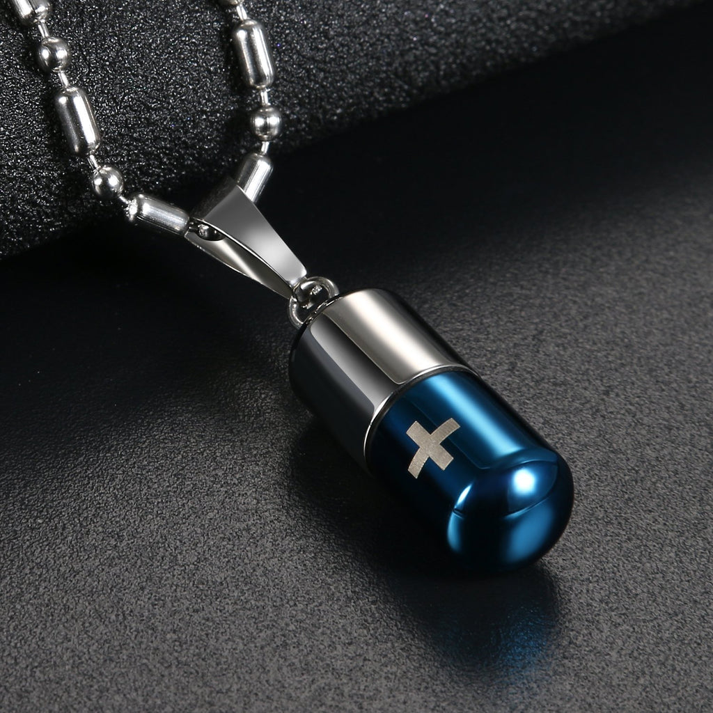 OIDEA Stainless Steel Pill Case Capsule Cross Medicine Keepsake Pendant Necklace Mens Unique Pendant Necklace for Women,Silver a