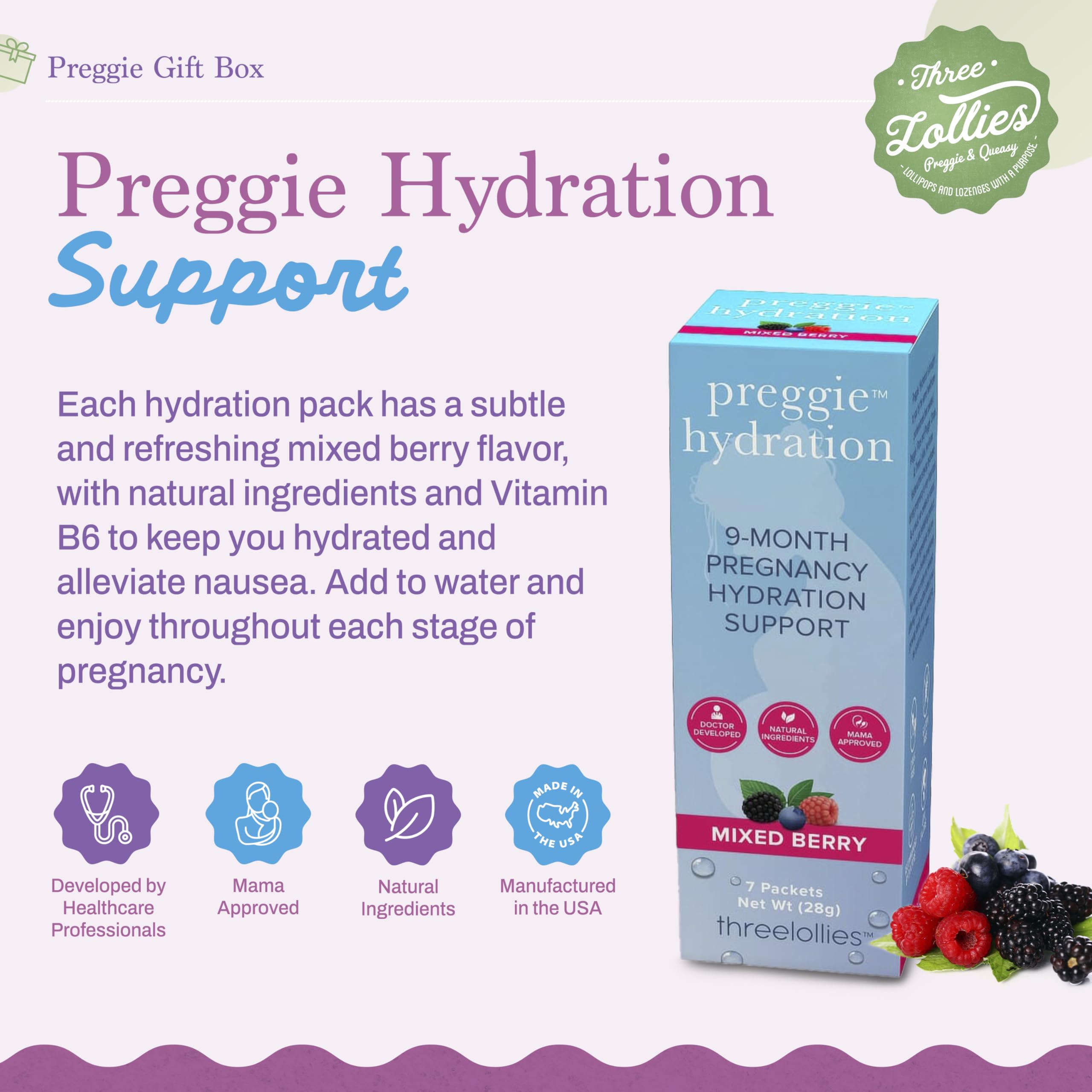 Three Lollies Preggie Gift Box - Natural, Pregnancy Nausea Relief Essentials with Anti-Sickness Lozenges, Hydration Packets, Gin