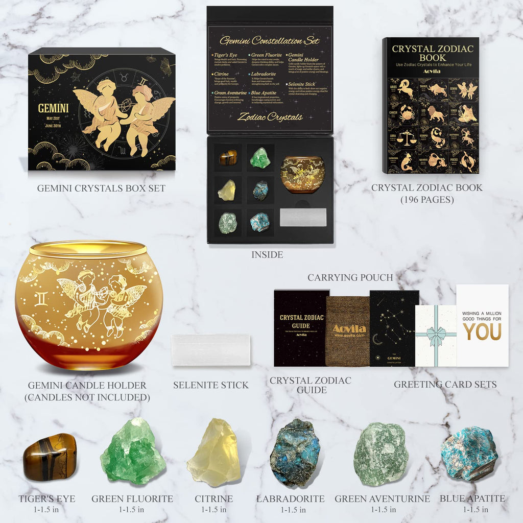 Aovila Gemini Birthday Gifts for Women - Gemini Candle Holder Crystals Birthstones Box Set - Zodiac Astrology Horoscope Gifts fo
