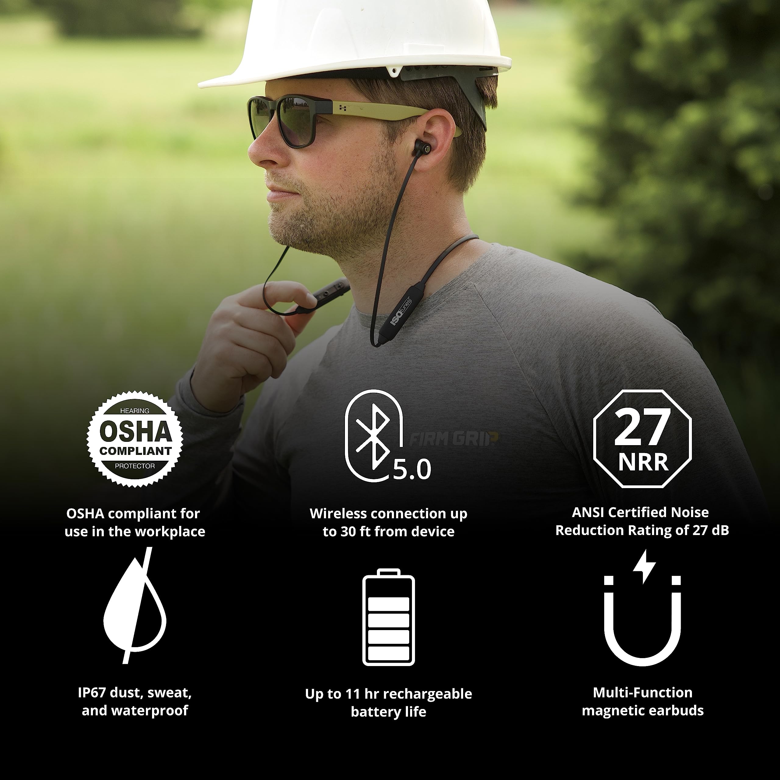 ISOtunes Xtra 2.0 Earplug Earbuds: OSHA Compliant Bluetooth Hearing Protection, 27 dB NRR Sound Isolation, 85 dB Volume Limit, U
