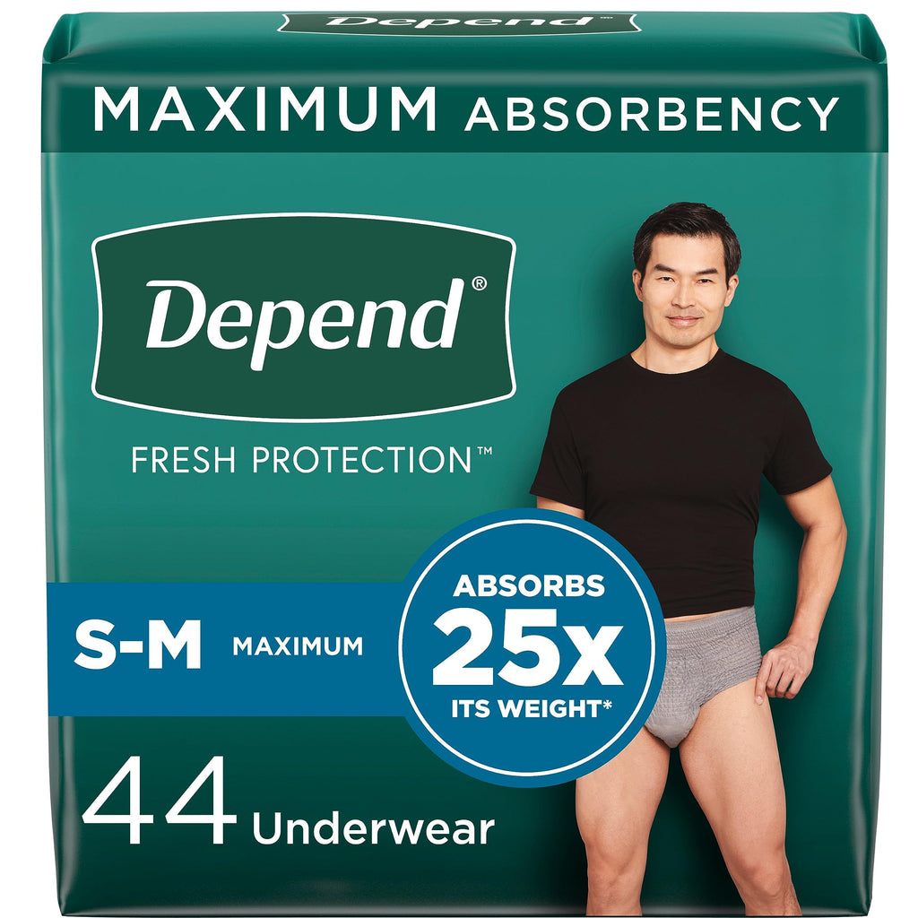 Depend Fresh Protection Adult Incontinence Underwear for Men, Disposable, Maximum, Small/Medium, Grey, 44 Count, Packaging May V
