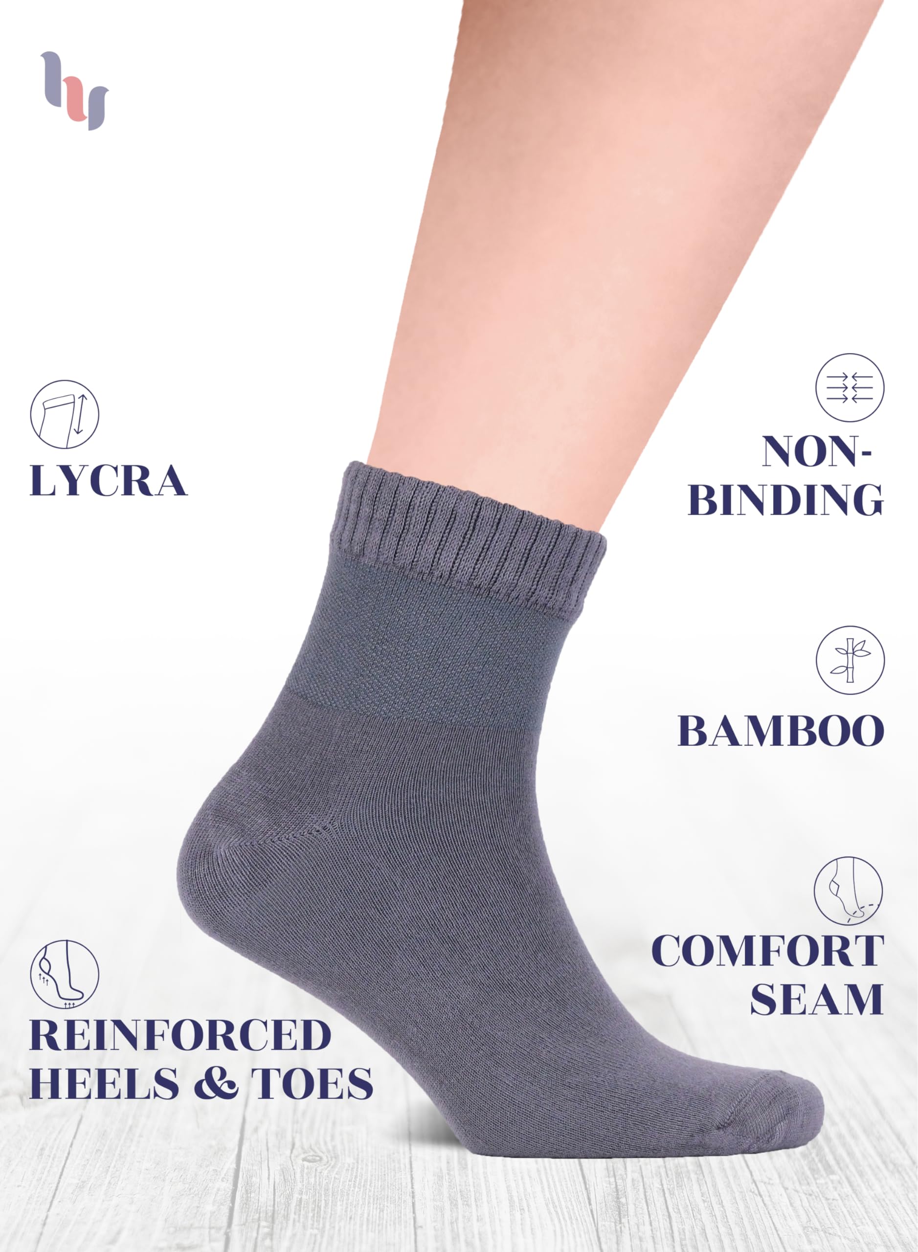 Hugh Ugoli Diabetic Socks for Men, Loose Ankle Socks Bamboo, Extra-Wide, Thin, Seamless Toe and Non-Binding Top, 4 Pairs, Dark G