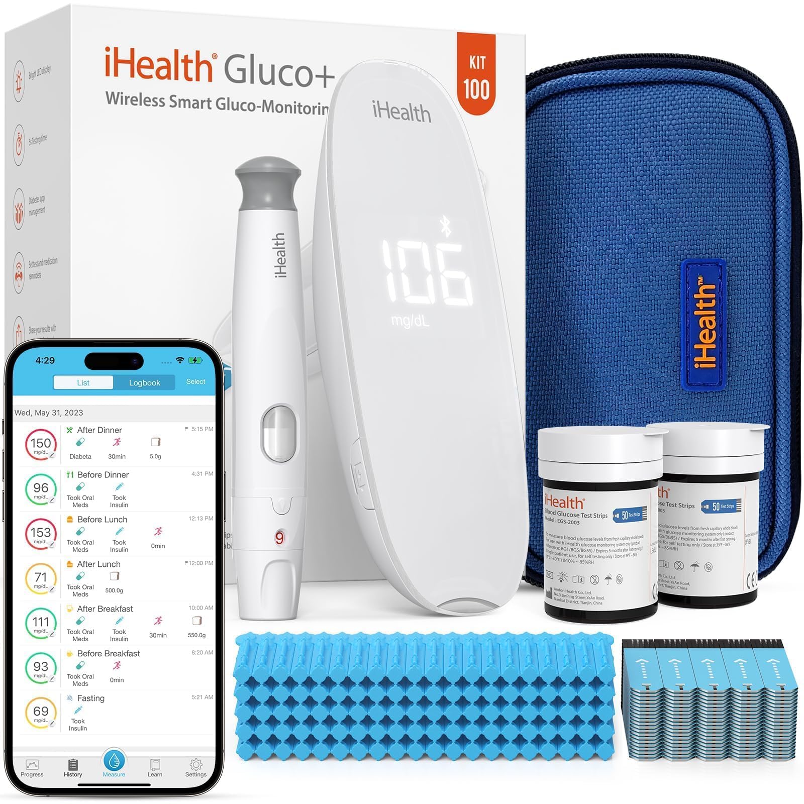iHealth Gluco+ Wireless Smart Blood Glucose Monitor Kit with Free App, 100 Glucometer Strips, 100 Lancets, 1 Blood Sugar Monitor