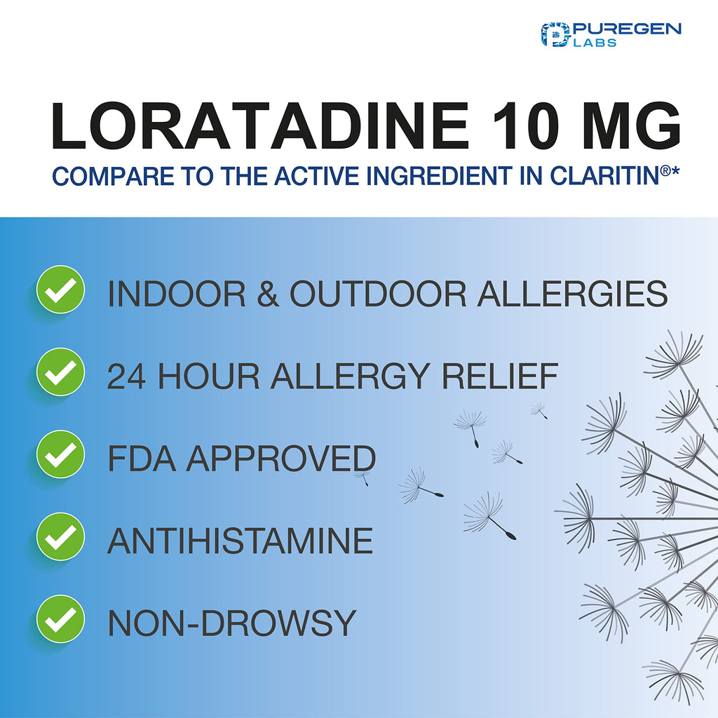 Puregen Labs Allergy Relief, Loratadine 10mg, 100 Tablets - 24 Hour Non-Drowsy Antihistamine Allergy Medicine for Runny Nose, Sn