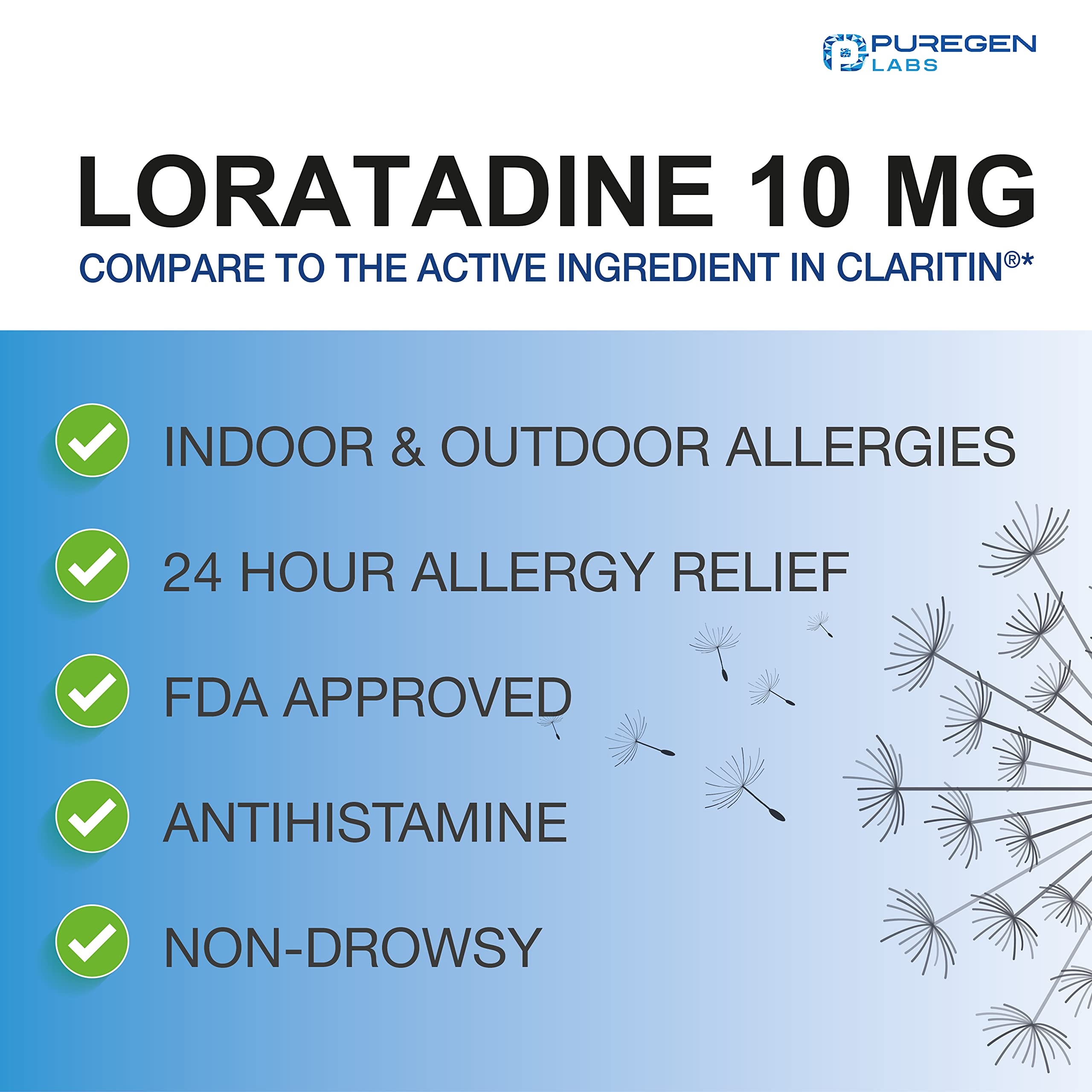 Puregen Labs Allergy Relief, Loratadine 10mg, 100 Tablets - 24 Hour Non-Drowsy Antihistamine Allergy Medicine for Runny Nose, Sn