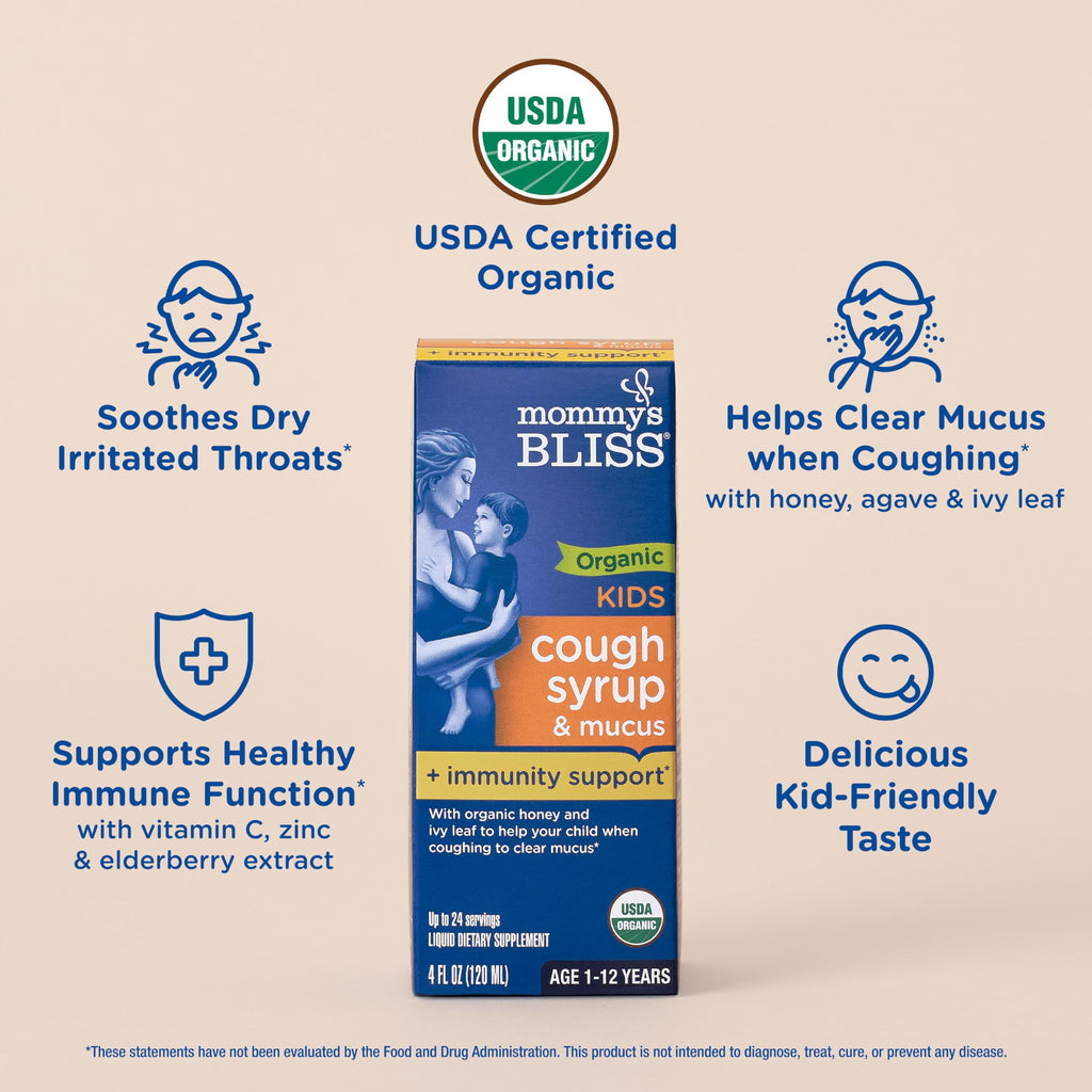 Mommys Bliss Organic Kids Cough Syrup and Mucus Relief + Immunity Support, Agave & Honey, Ivy Leaf, Elderberry, Zinc, Vitamin C