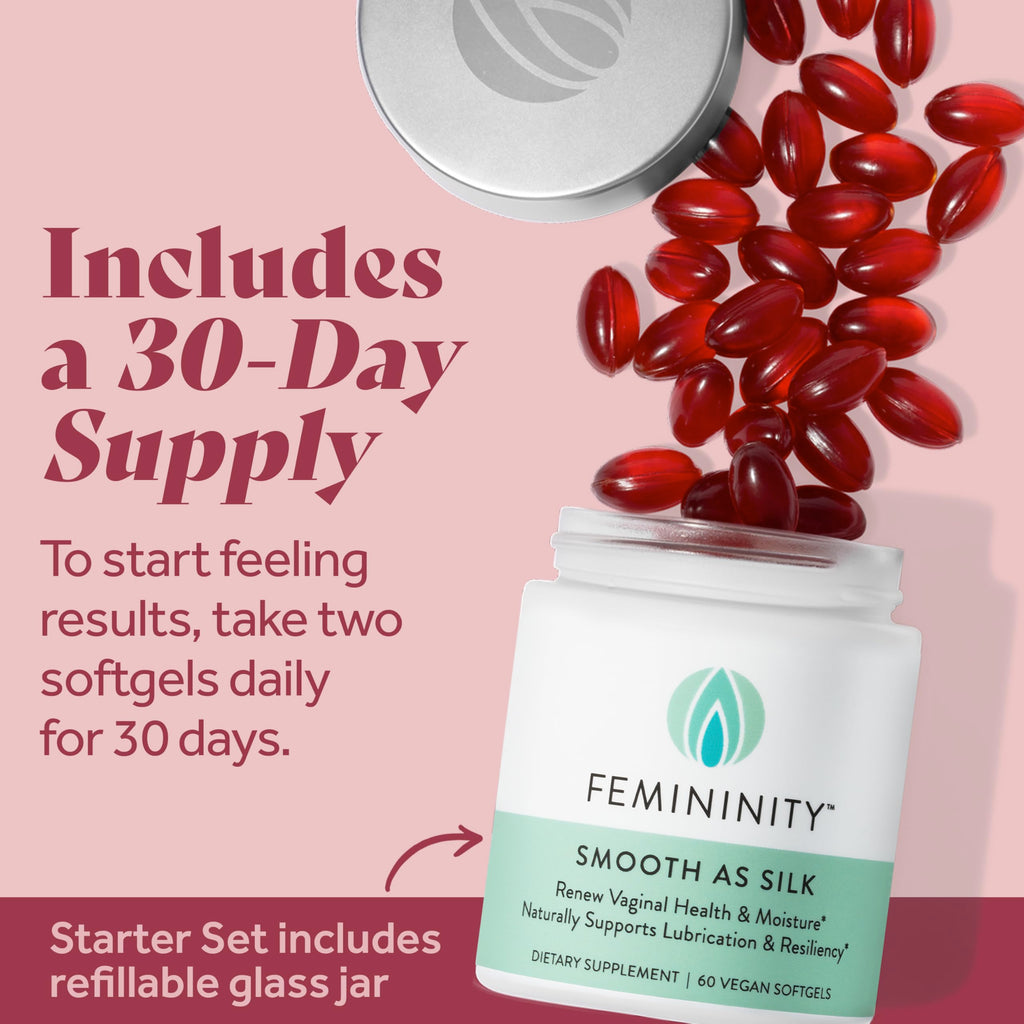 Femininity Smooth as Silk 30-Day Starter Kit for Vaginal Dryness (60 Softgels & Refillable Glass Jar) - Sea Buckthorn Oil with 3