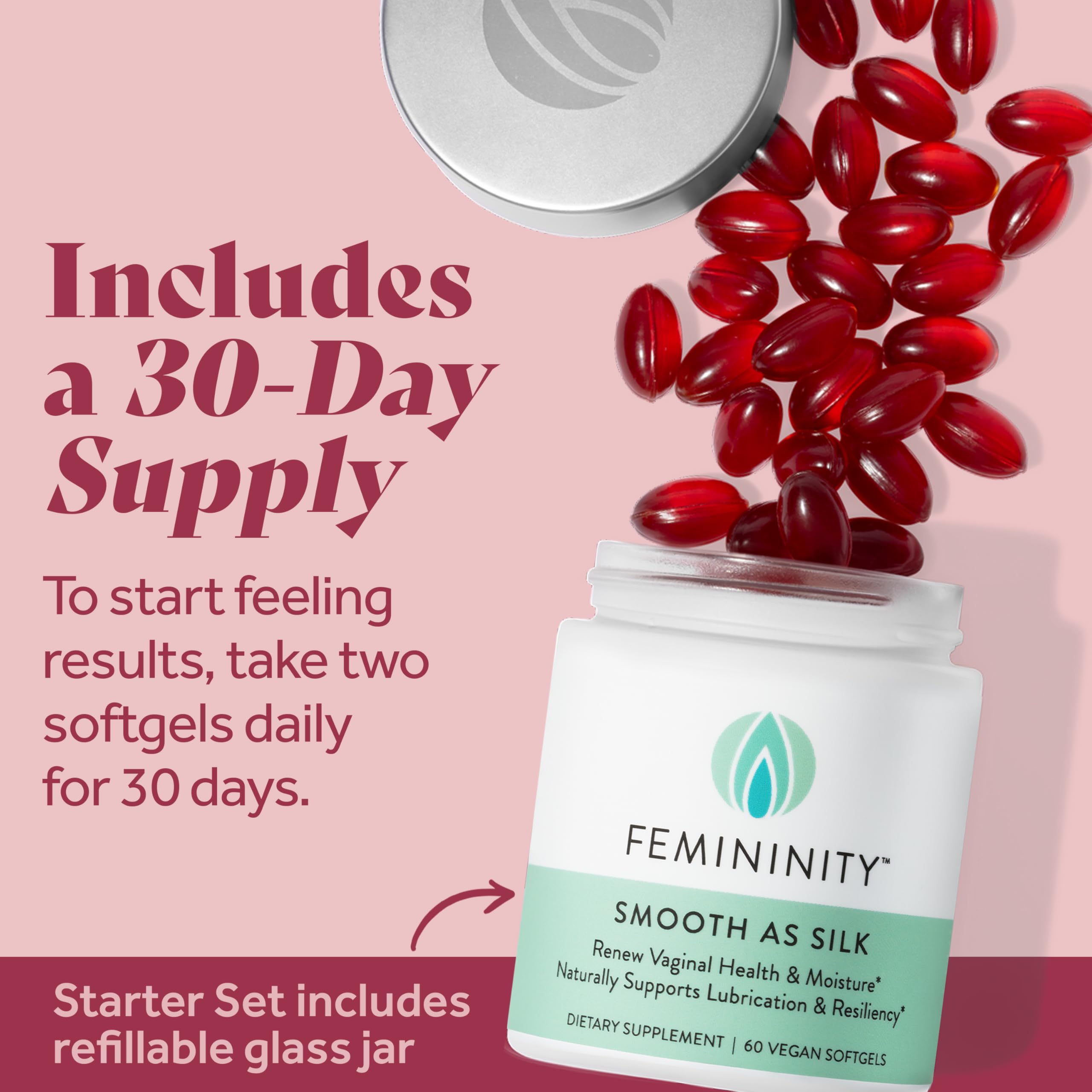 Femininity Smooth as Silk 30-Day Starter Kit for Vaginal Dryness (60 Softgels & Refillable Glass Jar) - Sea Buckthorn Oil with 3