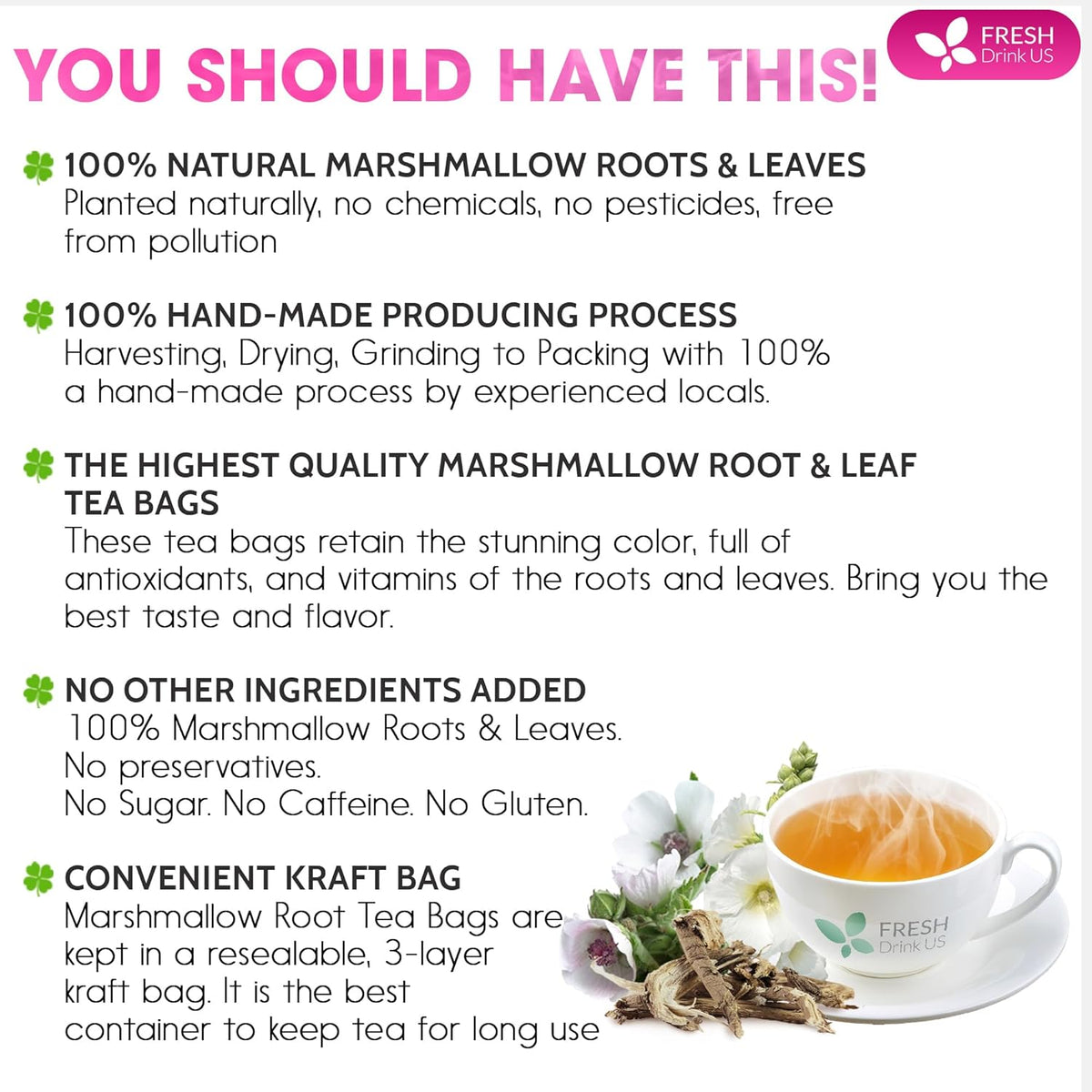 Premium Marshmallow Root and Leaf Tea Bags, 100% Natural & Pure.