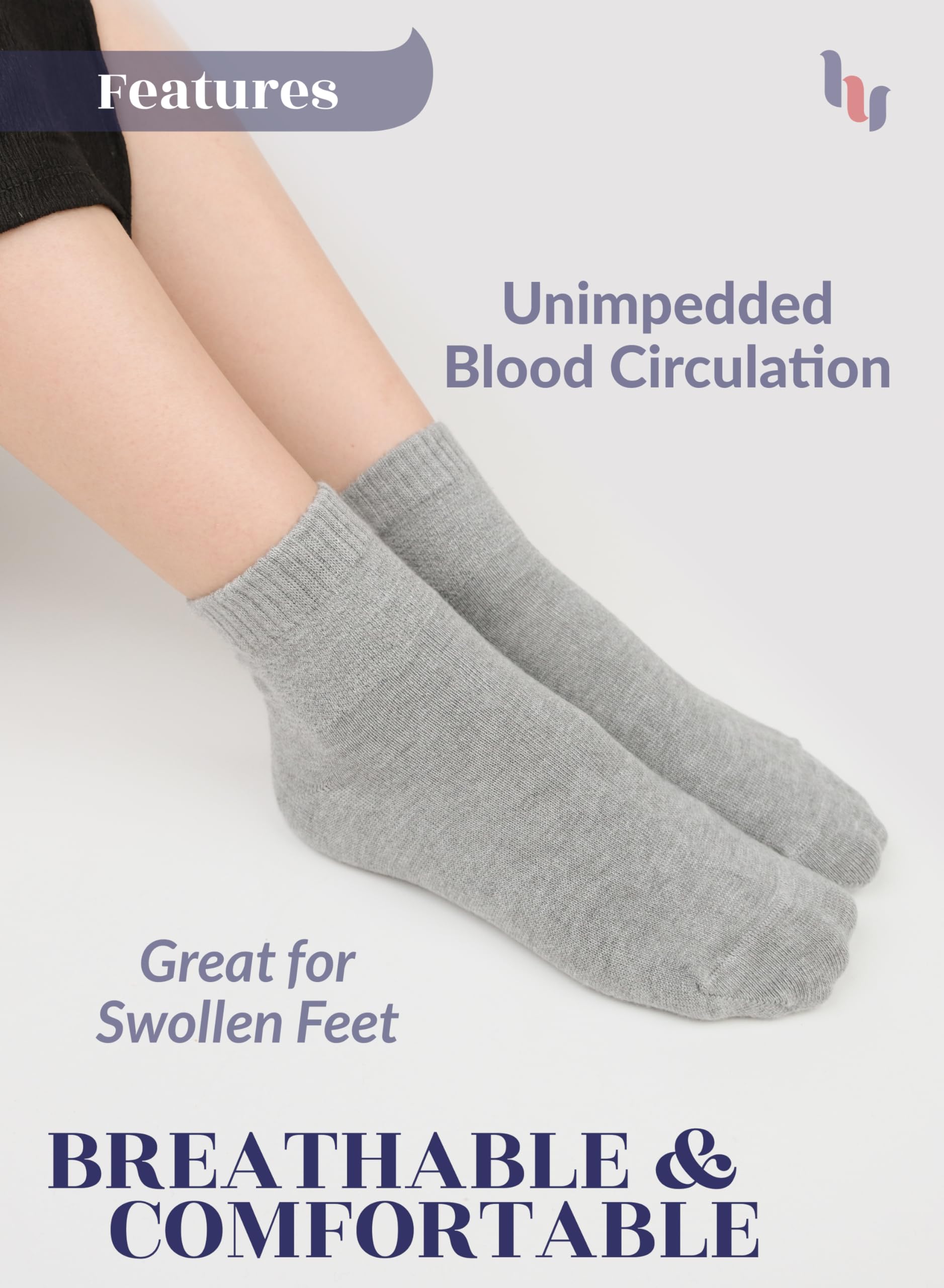 Hugh Ugoli Women Diabetic Ankle Socks, Super Soft & Thin Bamboo Socks, Wide & Loose, Non-Binding Top & Seamless Toe, 4 Pairs, Li