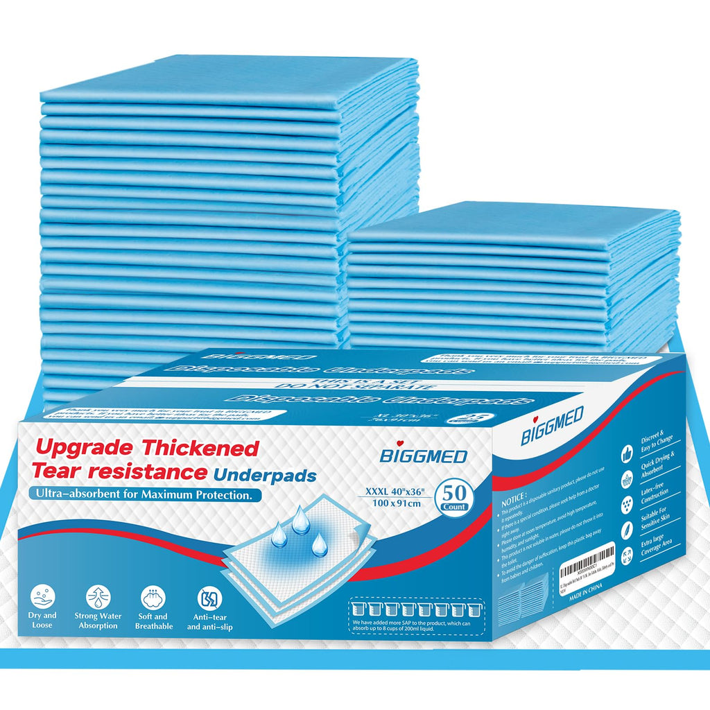 BIGGMED Tear-Resistant Incontinence Bed Pads 40 x 36 (50 Count ) with 130 Gram Heavy Duty Disposable Underpads Chucks Pads f