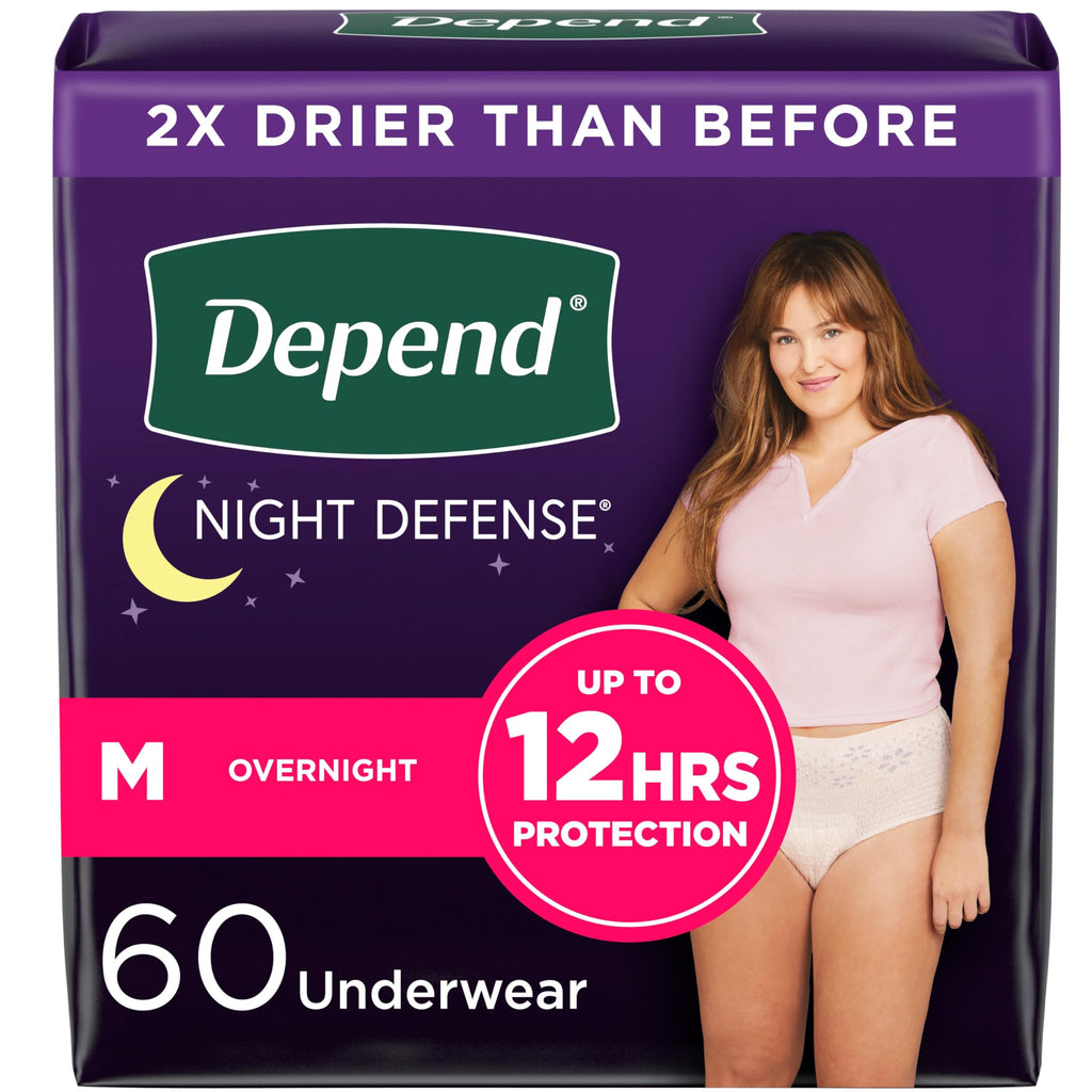 Depend Night Defense Adult Incontinence & Postpartum Bladder Leak Underwear for Women, Disposable, Overnight, Medium, Blush, 60 