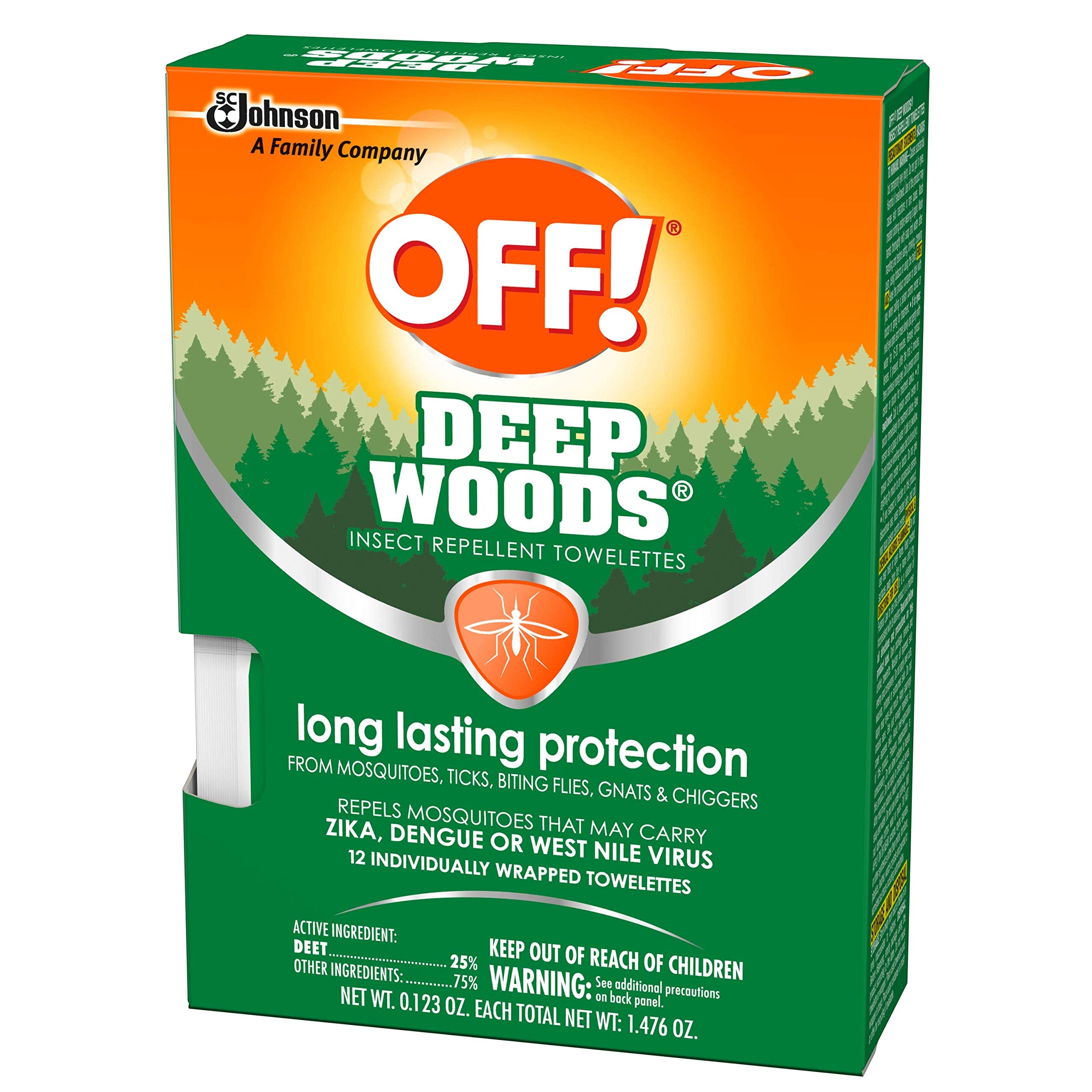 OFF! Deep Woods Insect Repellent Towelettes, Long Lasting Protection from Mosquitoes, Unscented, 12 Count (Pack of 3)
