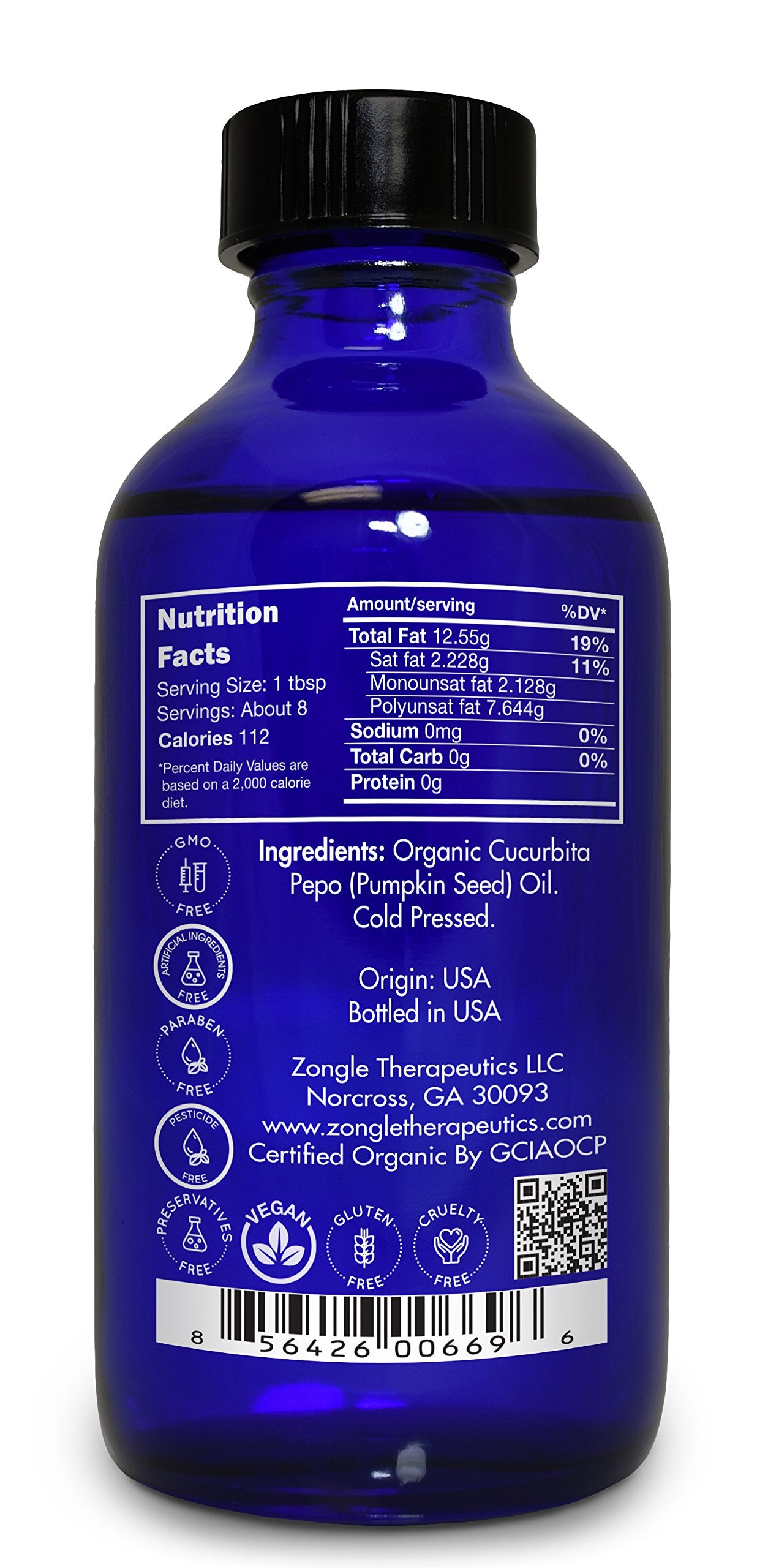 Zongle Therapeutics Organic, Pumpkin Seed Oil, Supplement, for Hair Growth - 100% Pure, Pumpkin Seed Oil, Cold Pressed, 4 OZ