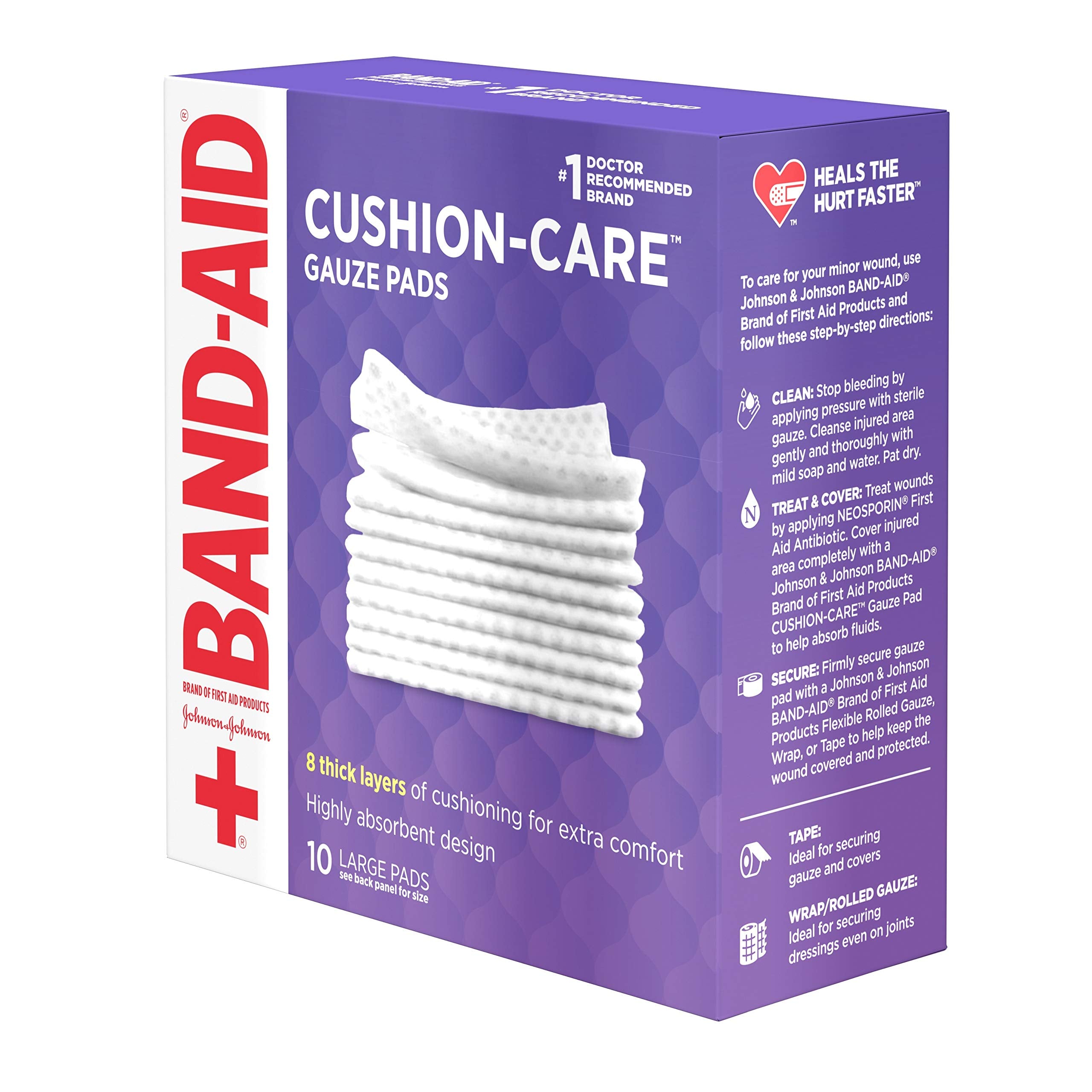Band-Aid Brand Cushion Care First Aid Large Gauze Pads, 4 X 4, 10 Count, Pack of 6