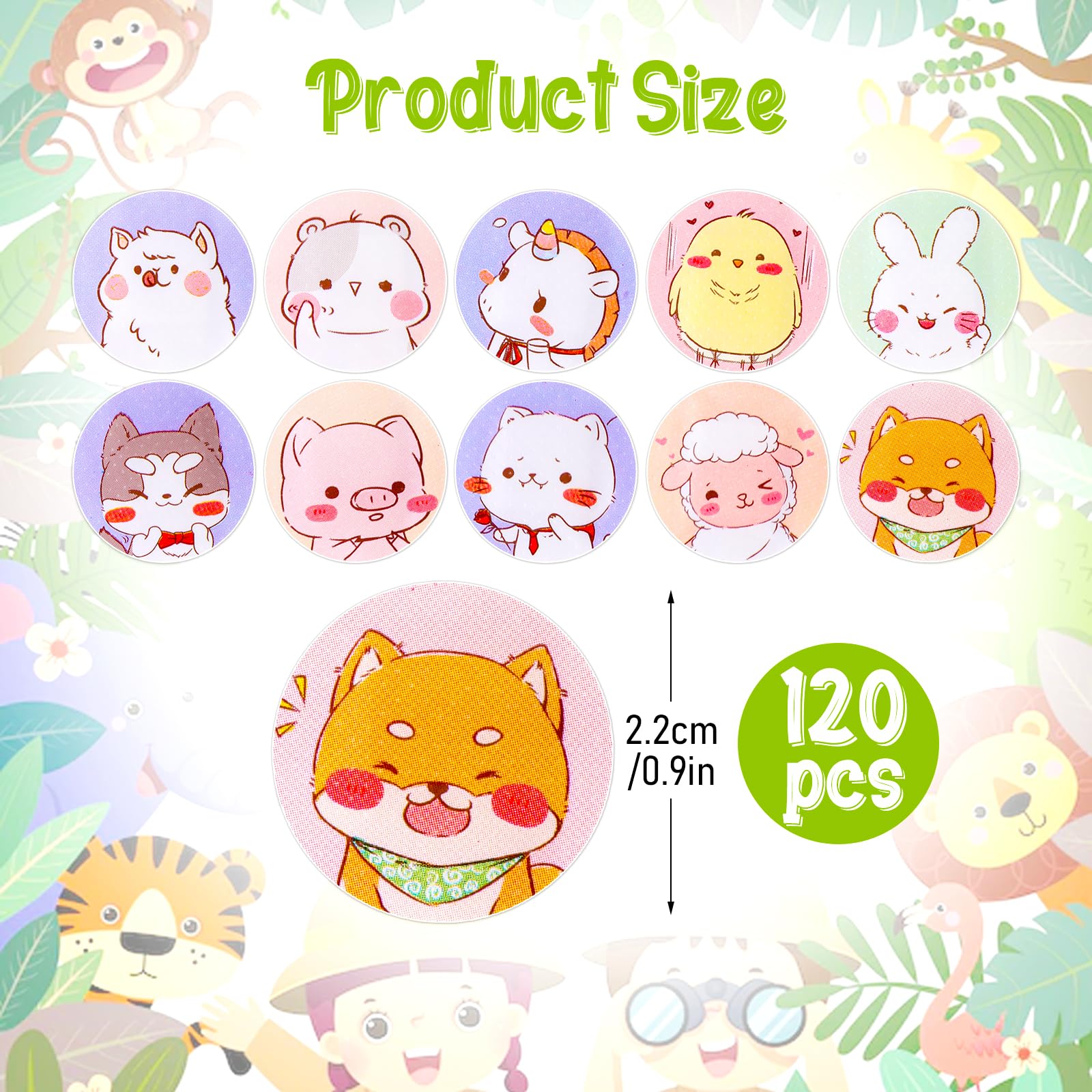 120Pcs Kids Bandages 10 Styles Cute Cartoon Bandaids Variety Pack,0.9In Round Vaccination Bandage Adhesive Dot Flexible Fabric K