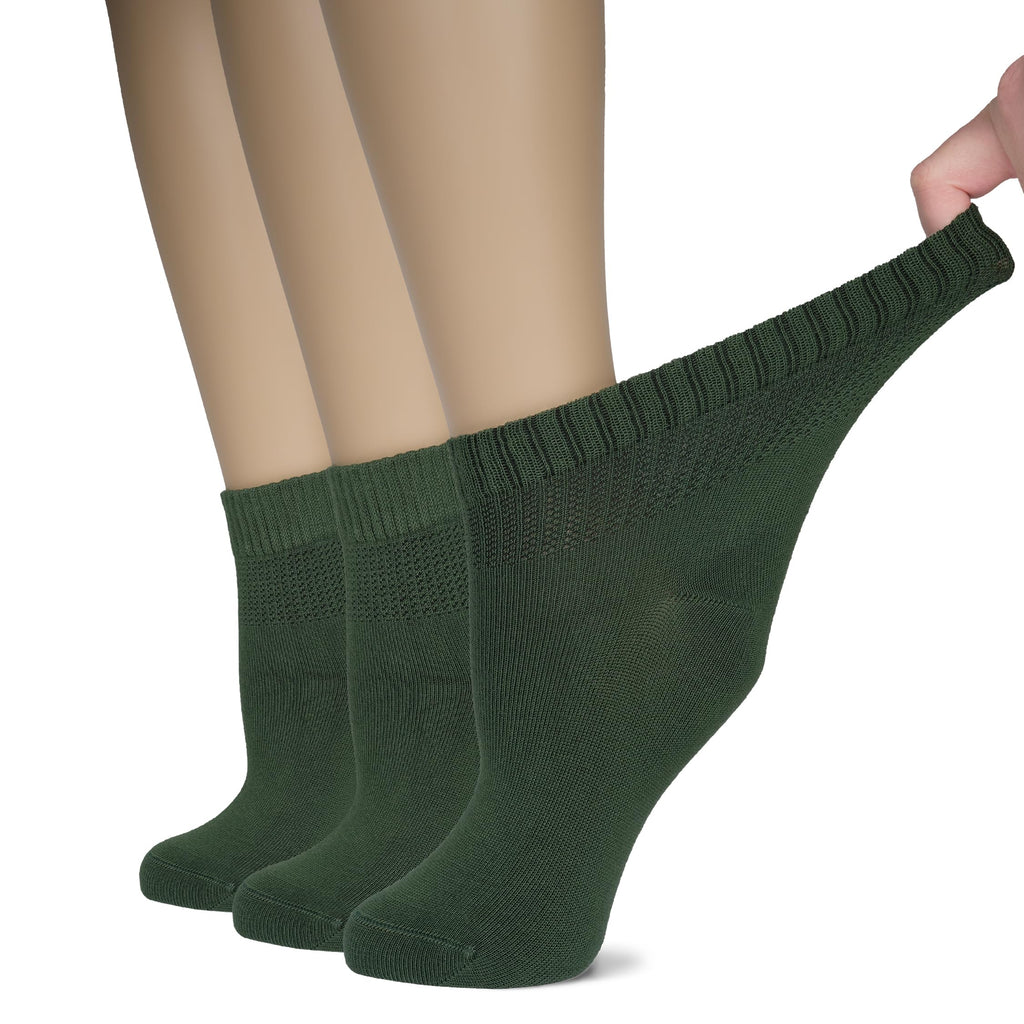 Hugh Ugoli Women's Bamboo Ankle Loose Fit Diabetic Socks, Soft, Seamless Toe, Wide Stretchy, Non-Binding Top, 3 Pairs, Army Gree