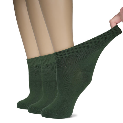 Hugh Ugoli Women's Bamboo Ankle Loose Fit Diabetic Socks, Soft, Seamless Toe, Wide Stretchy, Non-Binding Top, 3 Pairs, Army Gree
