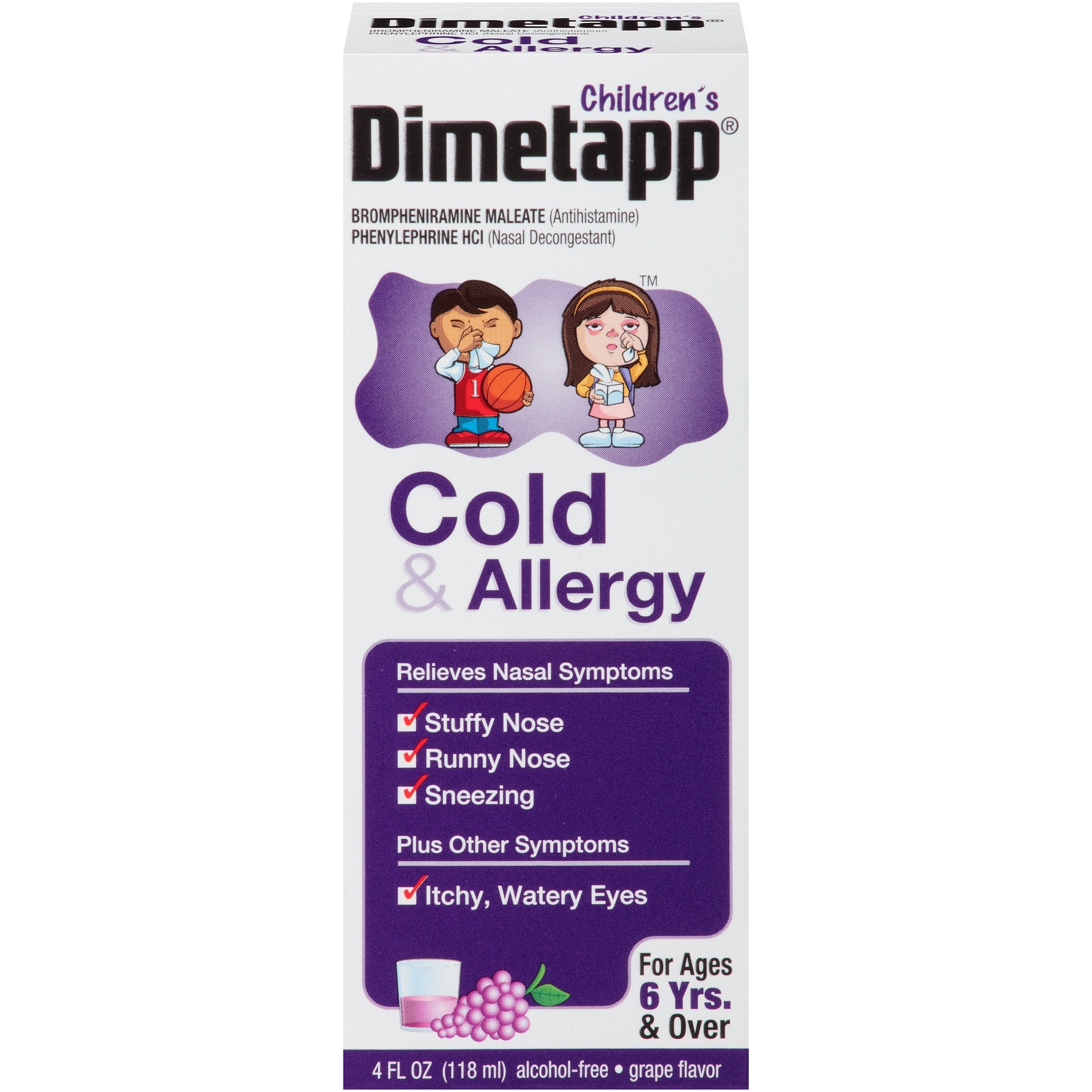 Dimetapp Childrens Cold & Allergy Antihistamine & Decongestant, Grape Flavor, Purple, 24 Fl Oz, Pack of 6