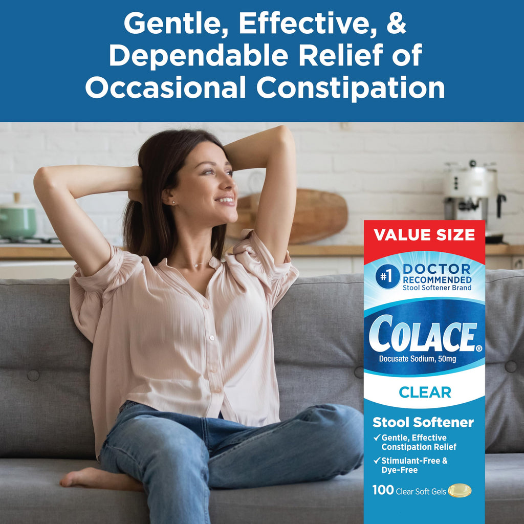 Colace Clear Stool Softener for Gentle Effective Constipation Relief, #1 Doctor Recommended Stool Softener Brand, Dye Free, 50 m