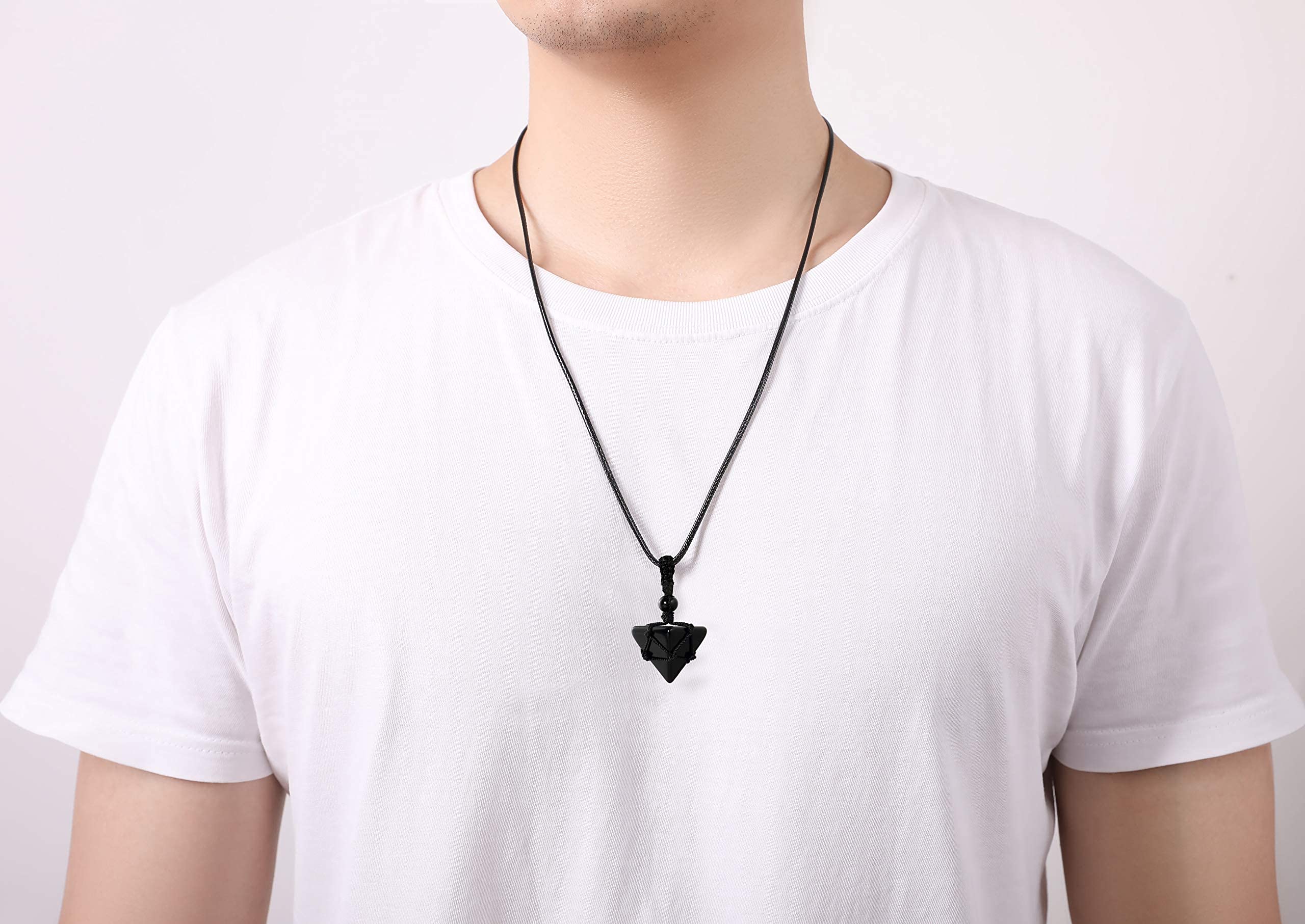 XIANNVXI Black Obsidian Healing Crystal Stone Necklace Spirtual Pyramid Gemstone Pendant Necklaces Adjustable Rope Natural Reiki