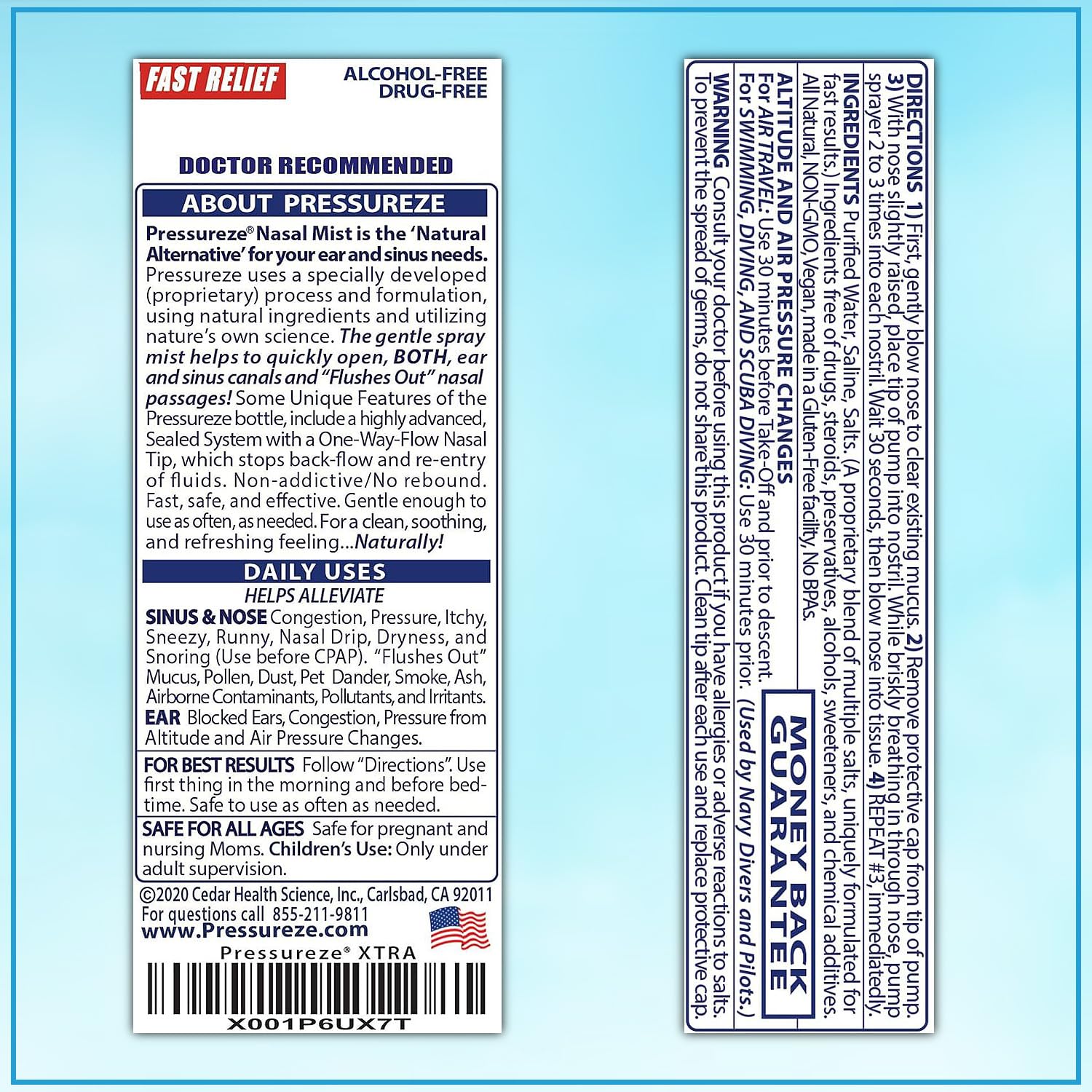 Pressureze Xtra - Natural- Preservative Free - Sterile Nasal Spray - for Severe Sinus Congestion Relief - Opens Blocked Ear Cana