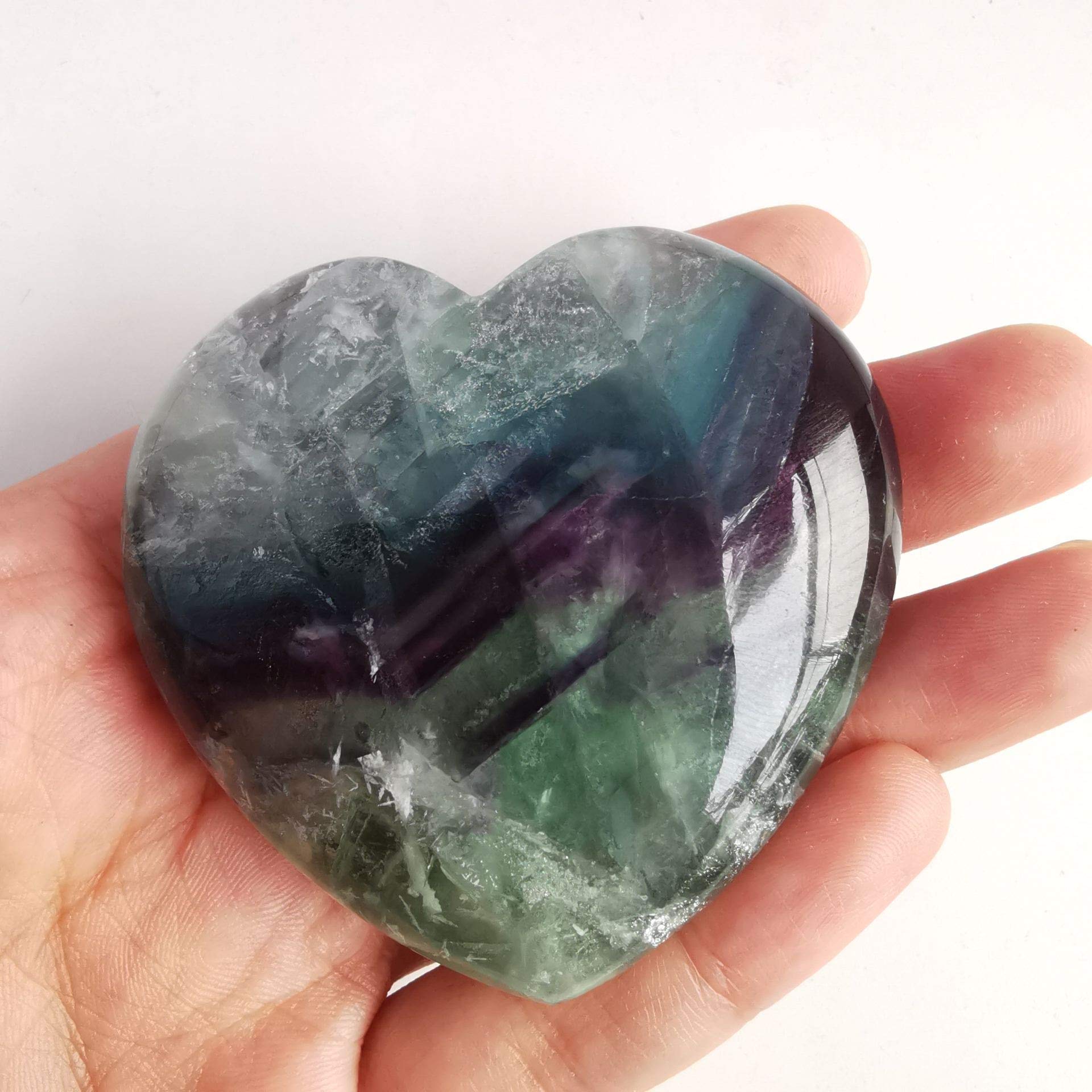 Loveliome Natural Fluorite Heart Love Chakra Stone,Polished Palm Crystals and Healing Stone (2.17 Inch)