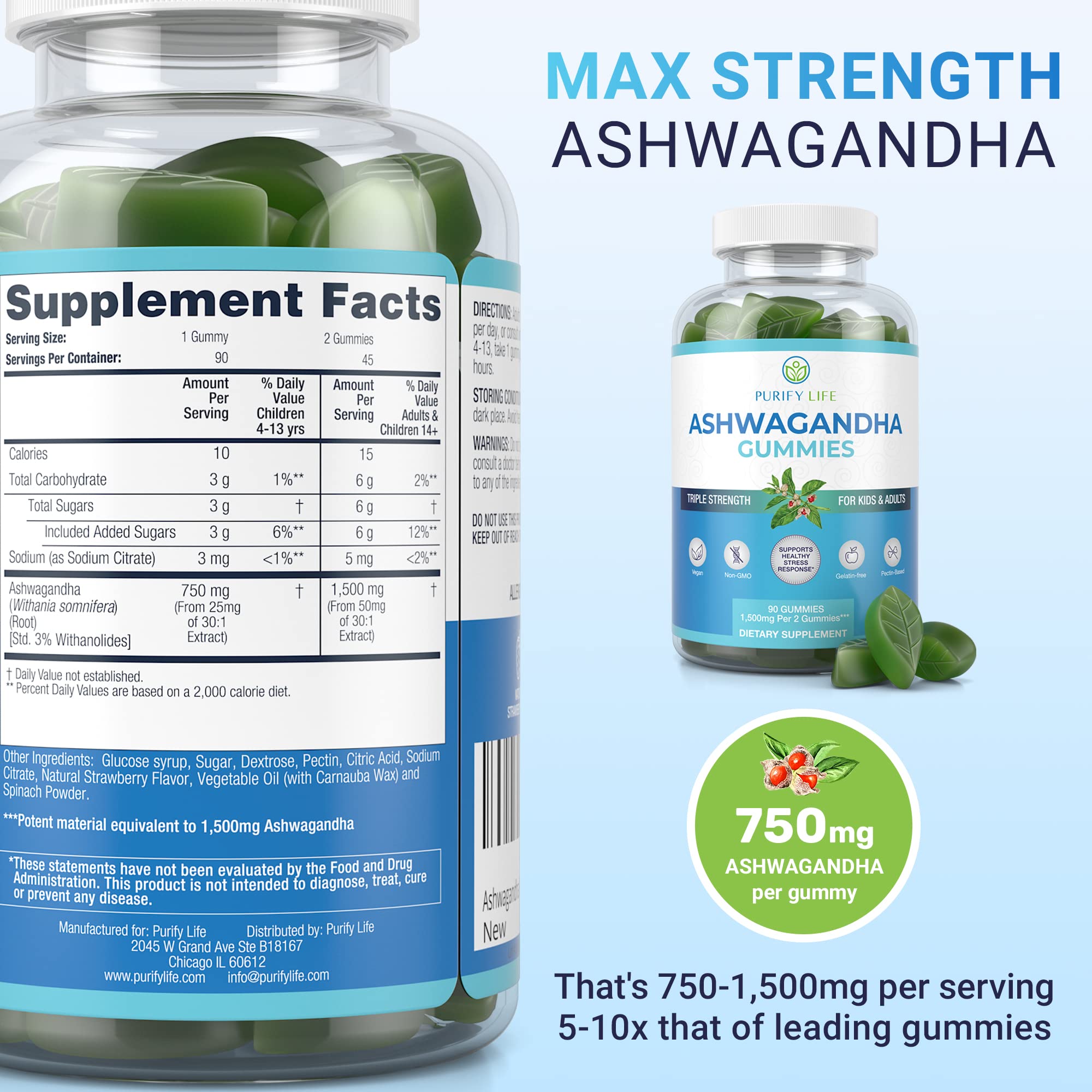 Ashwagandha Gummies (Max Strength - 750mg/Gummy) (90ct - Up to 3 Month Supply) Support Calm Mood, Relaxation & Cognitive Support