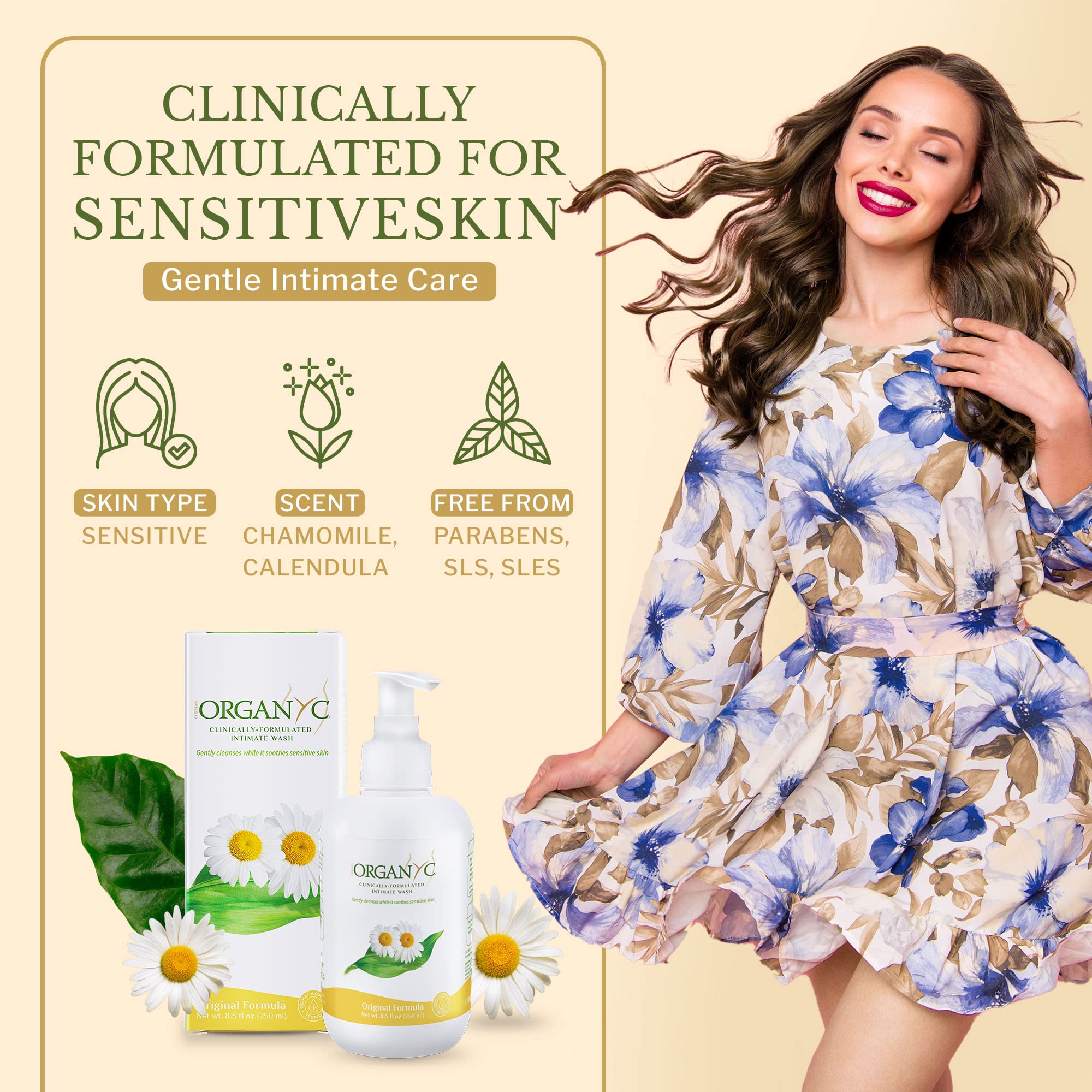 Organyc Feminine Intimate Wash for Sensitive Skin with Chamomile, Free from Chlorine, Parabens, SLS/SLES, and Synthetic Perfumes
