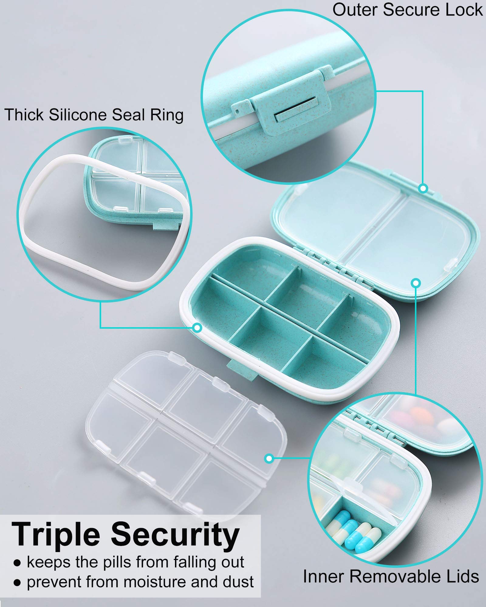 MEACOLIA 2 Pack 8 Compartments Travel Pill Organizer Box Moisture Proof Small Pill Case for Pocket Purse Daily Pill Holder Conta