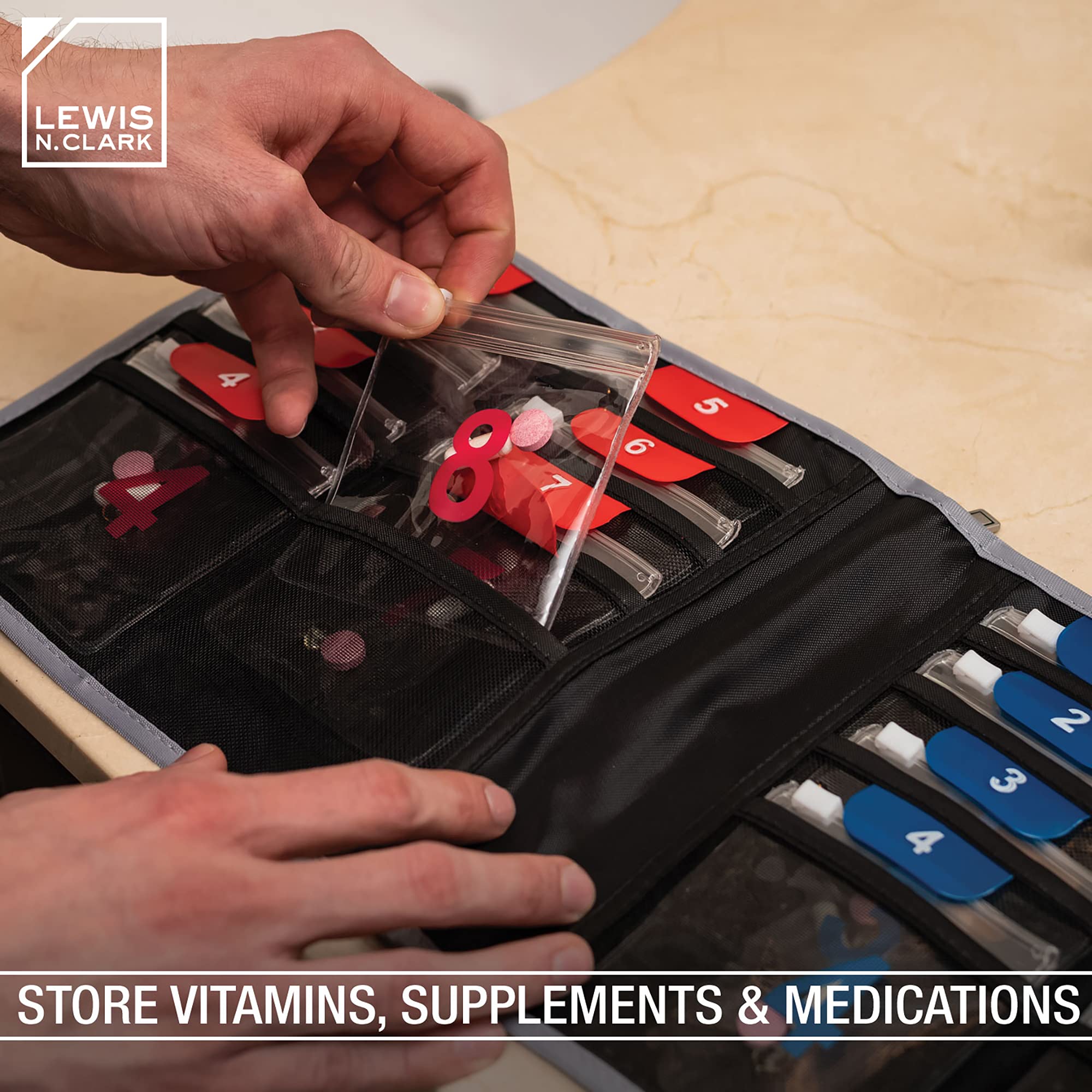 Lewis N. Clark Travel Pill Organizer | For Vitamins, Medication, Prescriptions, Or Medicine Storage | AM/PM Color Coded | 16 Slo