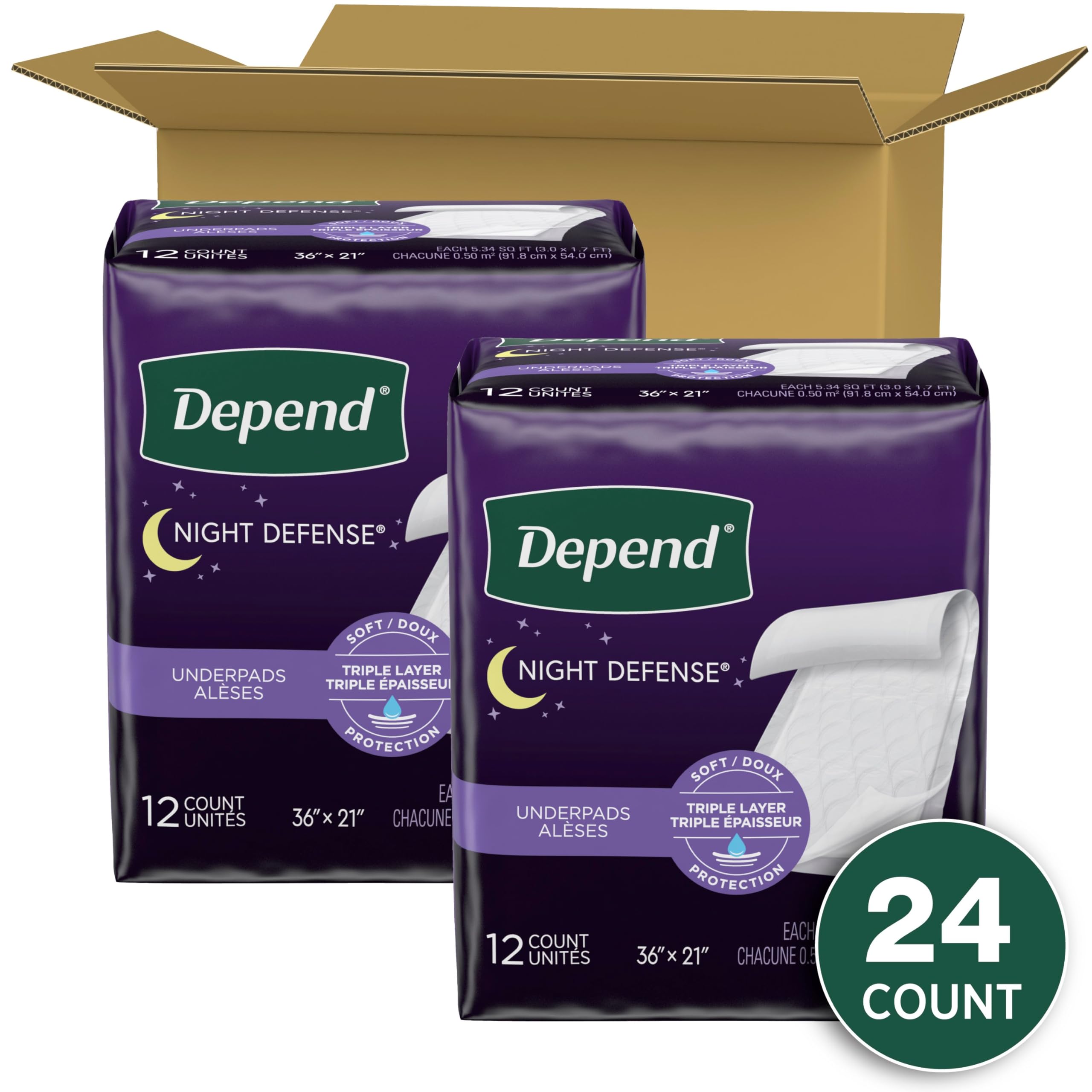 Depend Underpads, Disposable Incontinence Bed Pads for Adults, Slip Resistant, 36x 21, 24 Count (2 Packs of 12) (Packaging May V