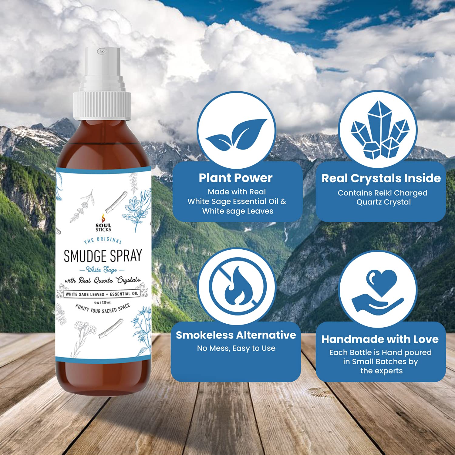 SOUL STICKS White Sage with Pearl Smudge Spray - 3.5oz Smokeless Energy Mist - Quartz Crystal & Pearl Infused Aura Cleanser - Sp