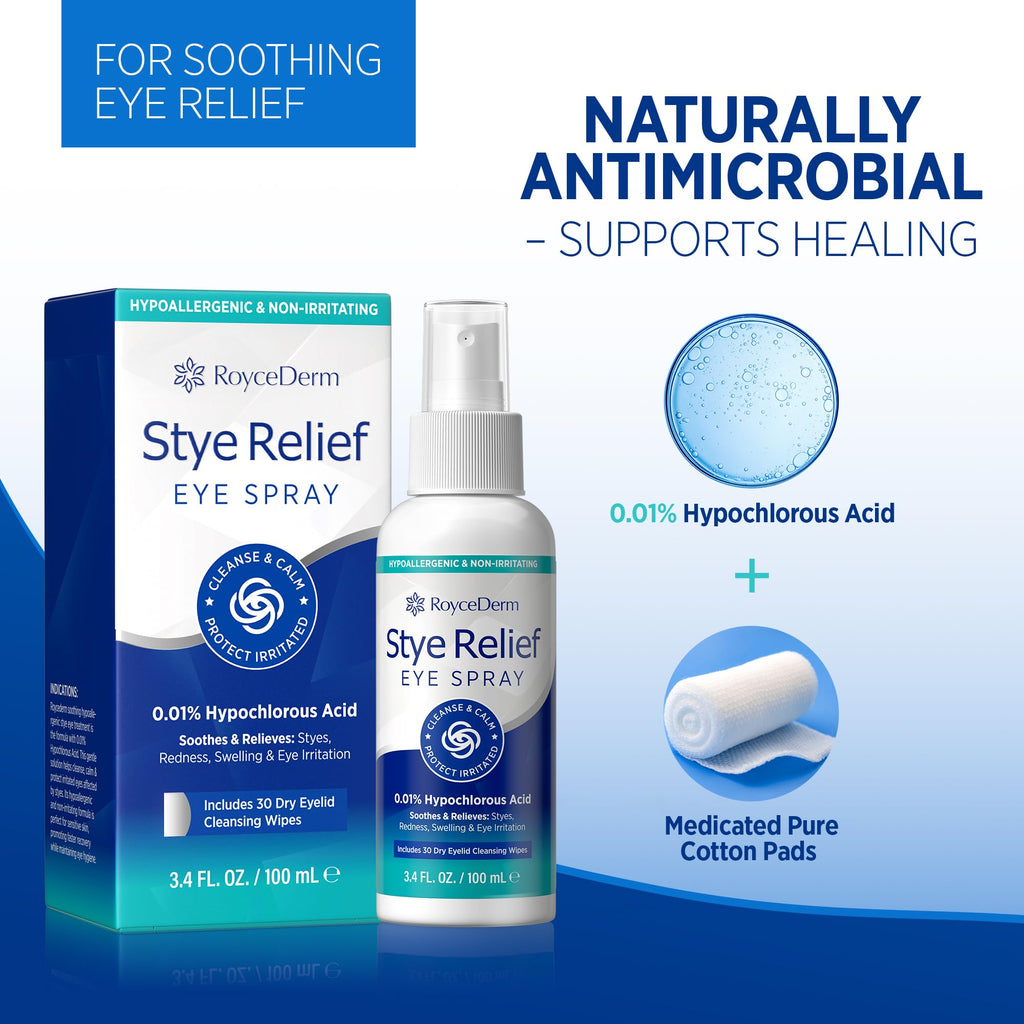 Roycederm Stye Eye Treatment Relief Spray - Hypochlorous Acid Mist for Itchy, Dryness Eyelids & Makeup Removal - Eyelash, Eyelid