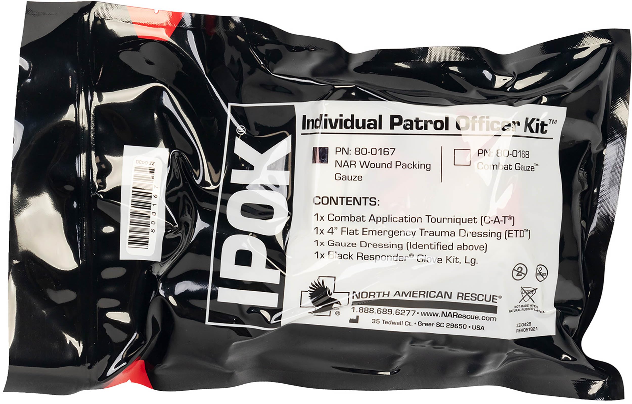 North American Rescue Individual Patrol Officer Kit NAR IPOK First Aid with C-A-T Tourniquet, Gauze, Gloves, Flat ETD Emergency 