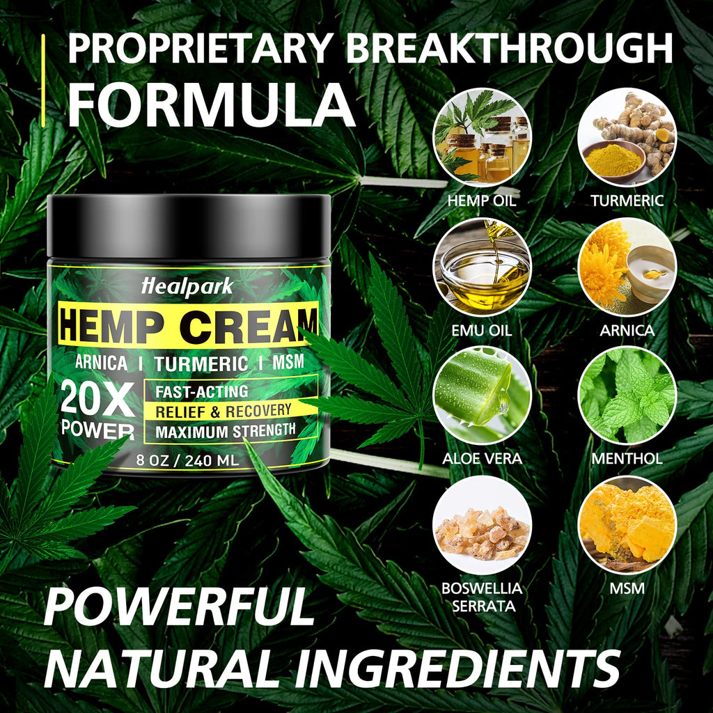 Natural Hemp Cream 8 fl oz - Maximum Strength - Arnica,MSM, Turmeric, Emu Oil, Menthol, Aloe - Muscle, Joint, Nack, Shoulder, Ba