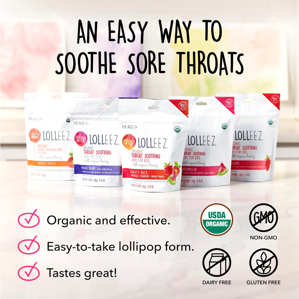 Lolleez Organic Lollipops for Sore Throat Relief - Perfect for Soothing A Sore Throat While Tasting Great - Watermelon, 2-Pack (
