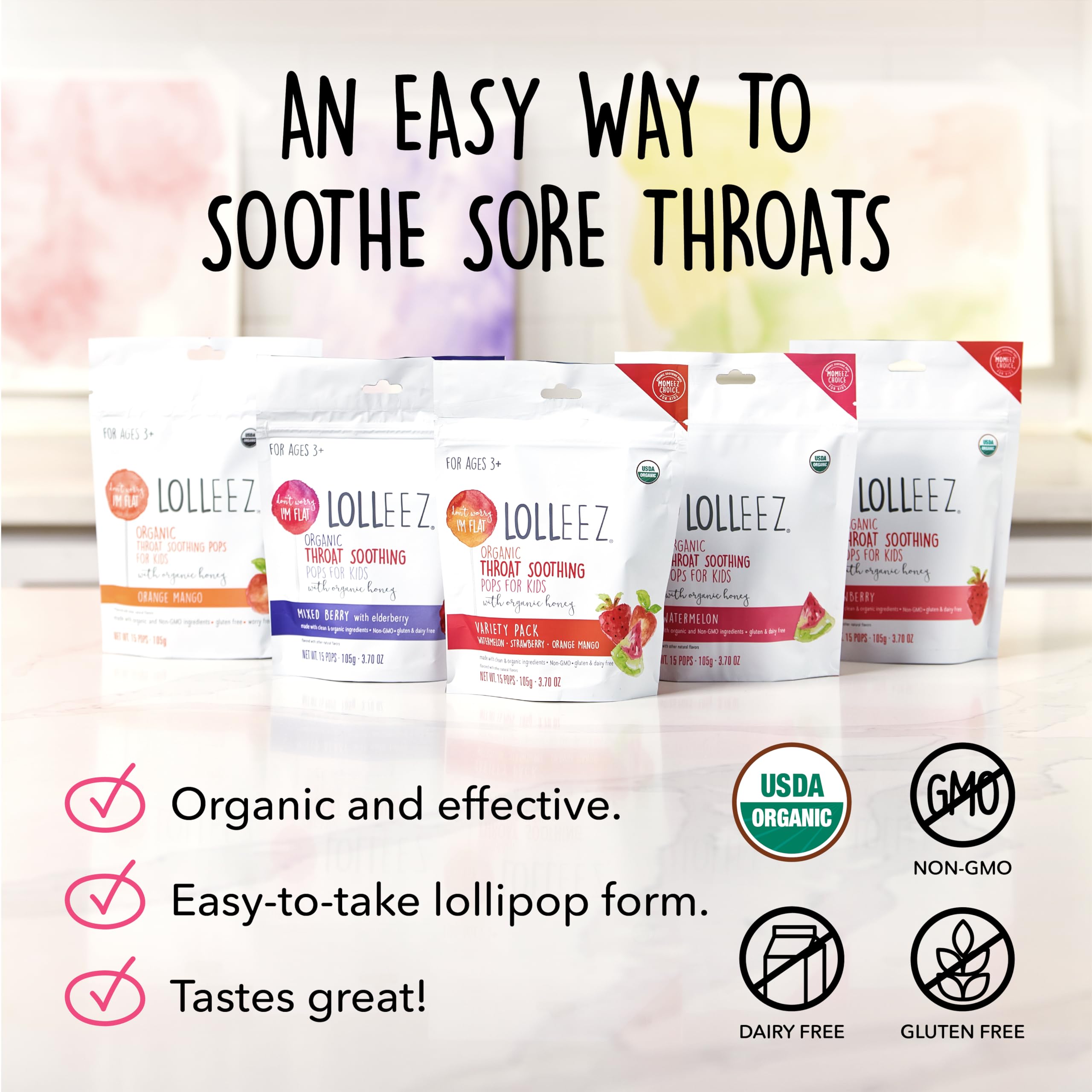 Lolleez Organic Lollipops for Sore Throat Relief - Perfect for Soothing A Sore Throat While Tasting Great - Watermelon, 2-Pack (